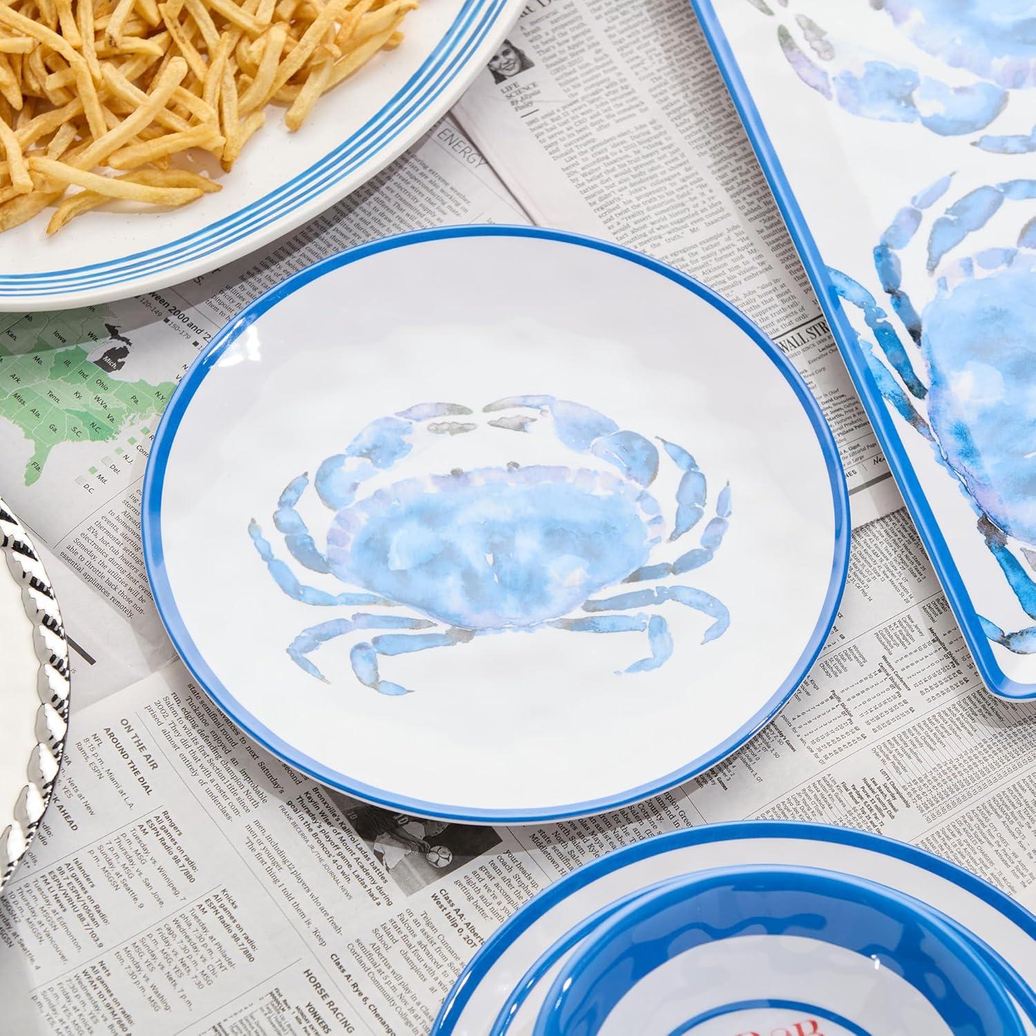 Blue Crab Melamine 11-Inch Dinner Plates Set for Coastal Dining