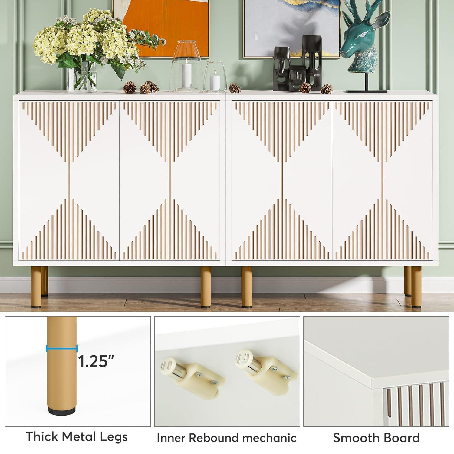 Modern White and Gold 59" Wood Storage Cabinet with Carved Doors