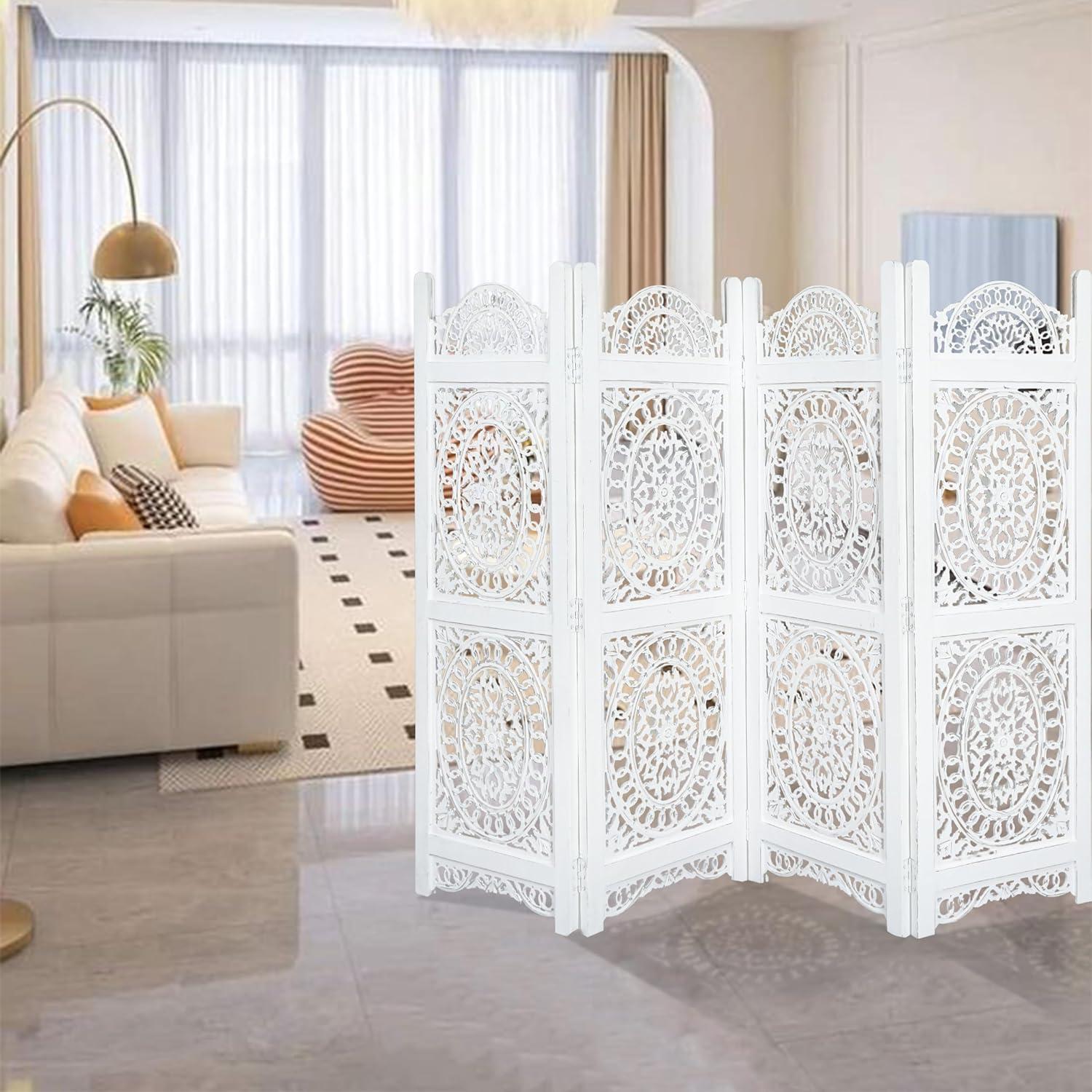 Canora Grey Light & Pro Wood Heart Design Handmade Hinged Foldable Partition 4 Panel Room Divider Screen With Intricately Carved Designs, Pre Assembled - Ready To Use - 48" X 64"