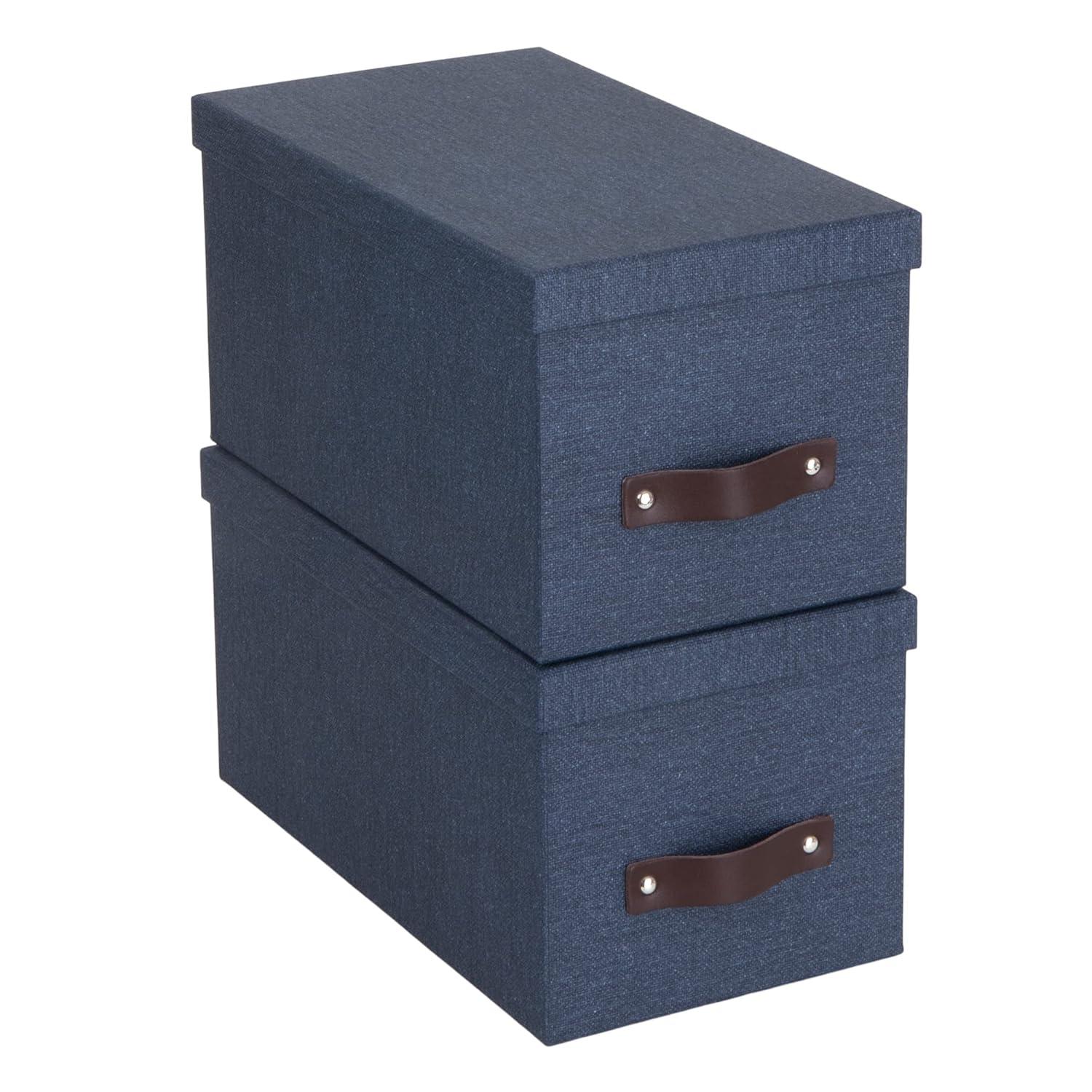 Bigso Box of Sweden Silvia Organizational Storage Box with Leather Handle for Shelves and Stacks Easily - Durable and Decorative Storage Boxes with Lids - 5.9 in x 6.5 in x 11.6 in - 2 Pack - Blue