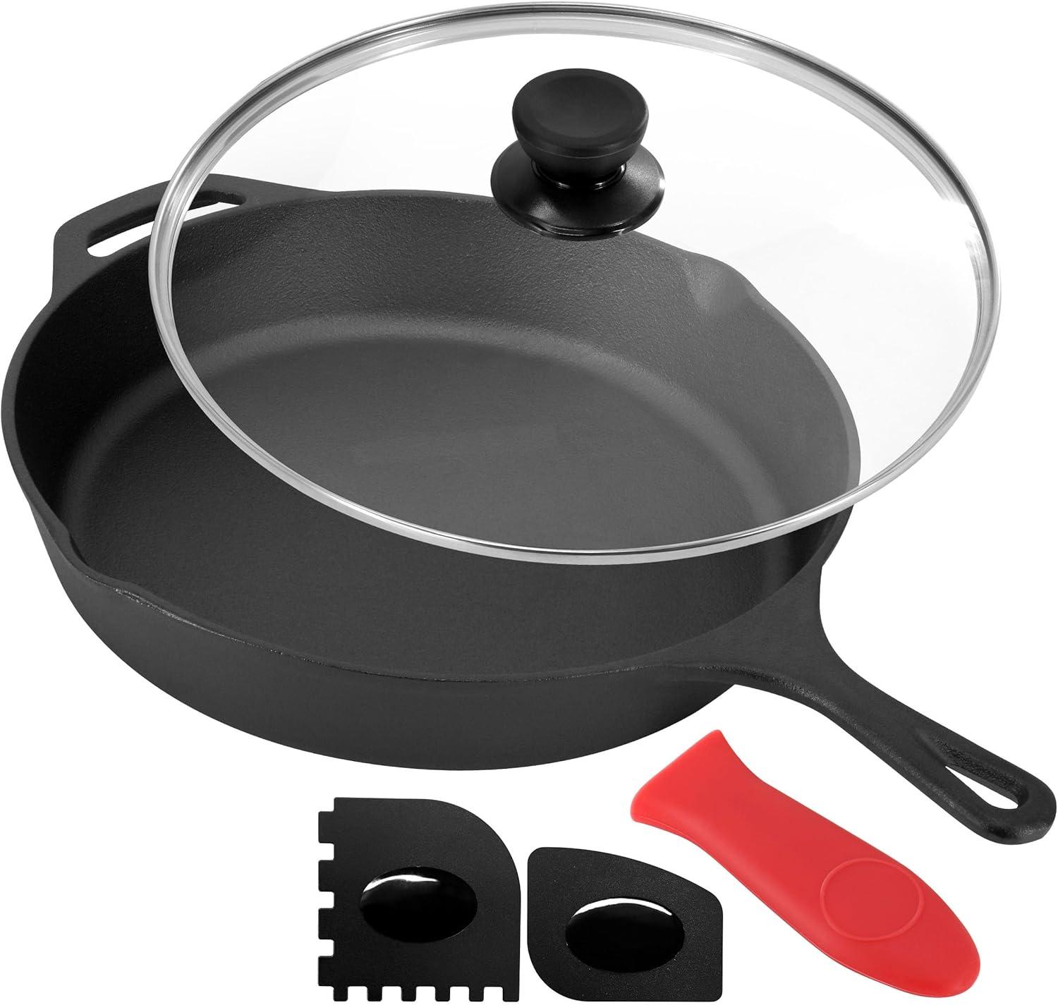 MegaChef 12 Inch Pre-Seasoned Cast Iron Skillet with Tempered Glass Lid