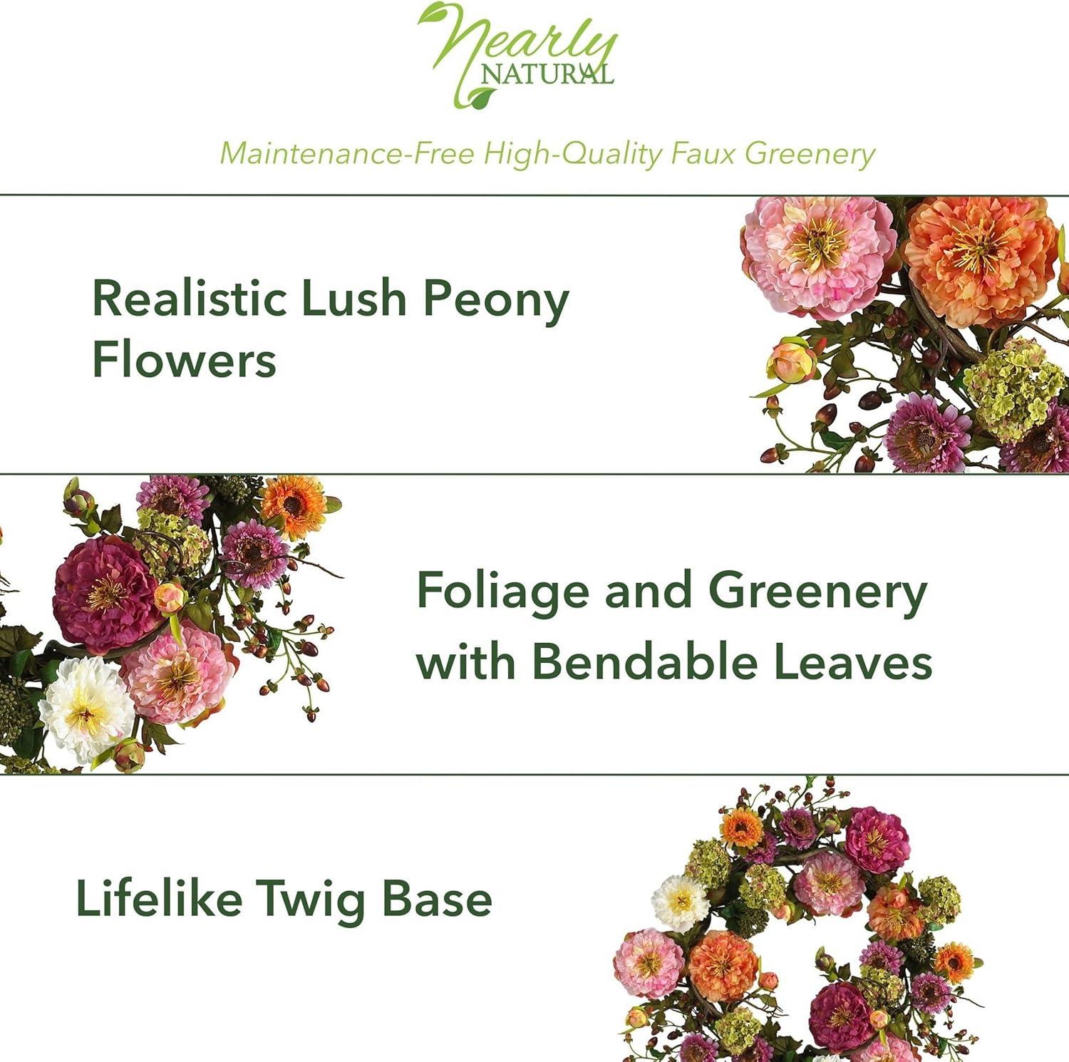 Nearly Natural 24" Peony Wreath