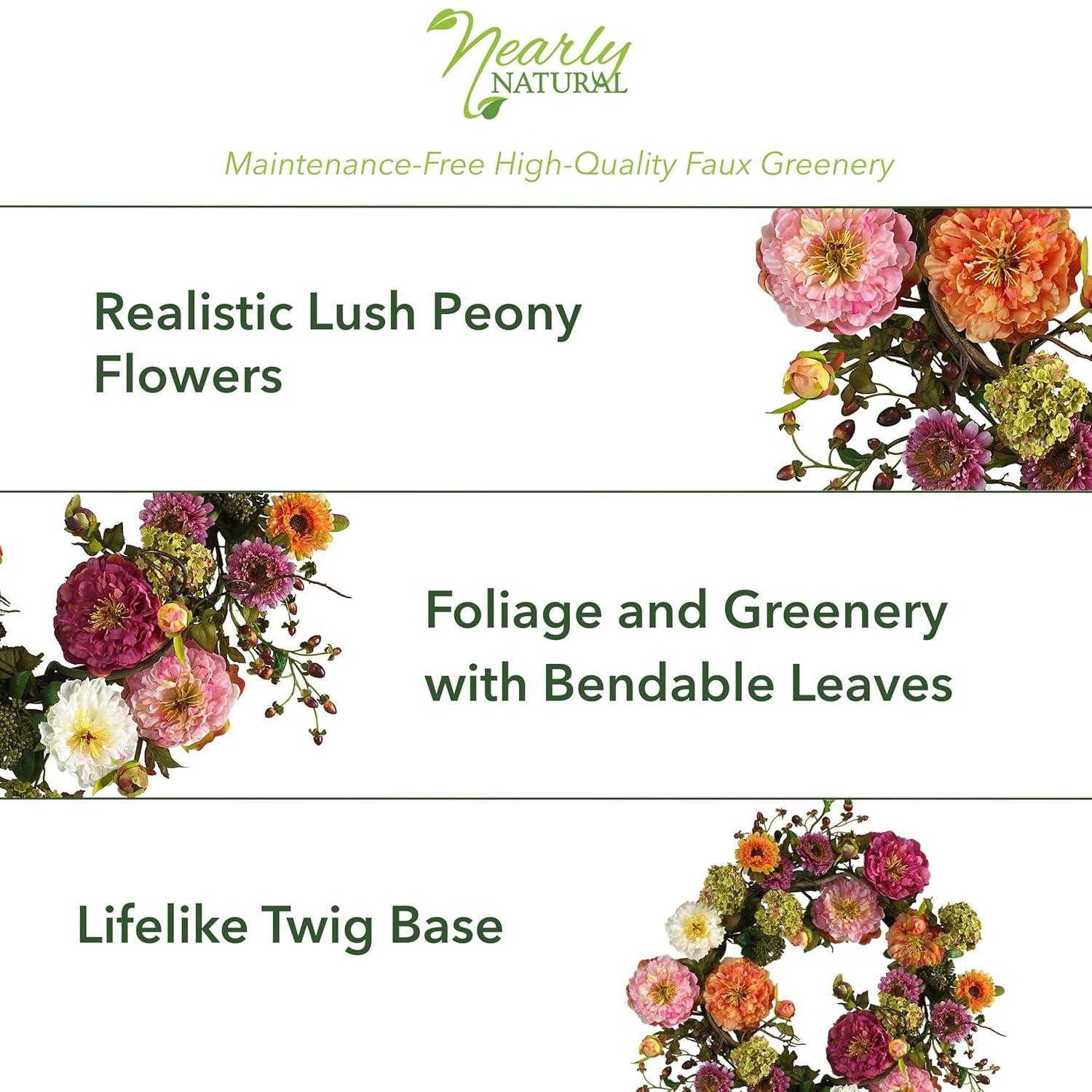 Nearly Natural 24" Peony Wreath