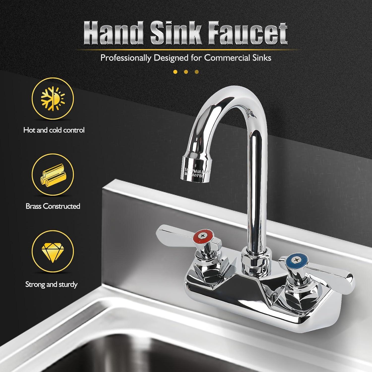 KWODE 4 Inch Center Commercial Hand Sink Faucet with 3-1/2”Gooseneck Spout, Dual Lever Handle Wall Mount Kitchen Sink Faucet, Brass Constructed, Chrome