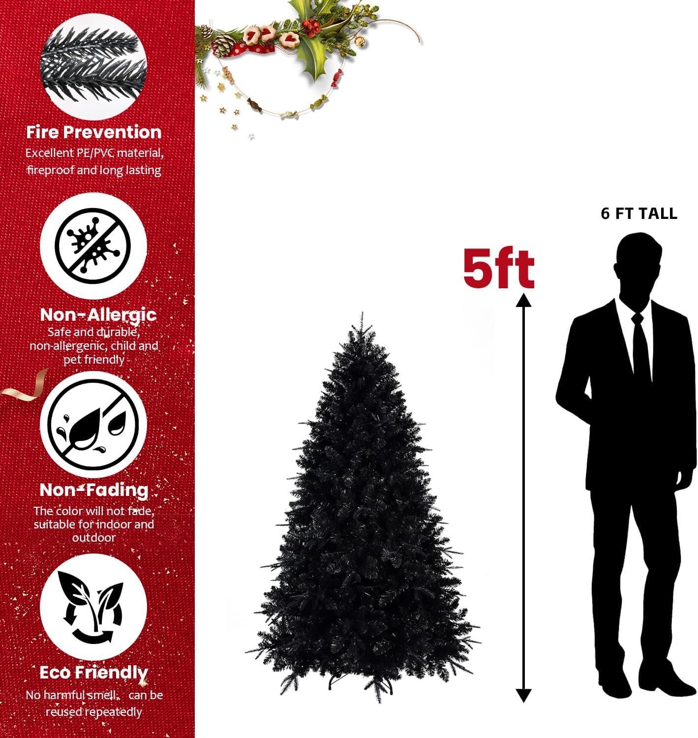 PAPROOS Prelit Christmas Trees, 5FT Artificial Christmas Tree with 250 Warm White LED Lights and 850 Branch Tips, Indoor Prelit Xmas Tree for Holiday Decor, Green