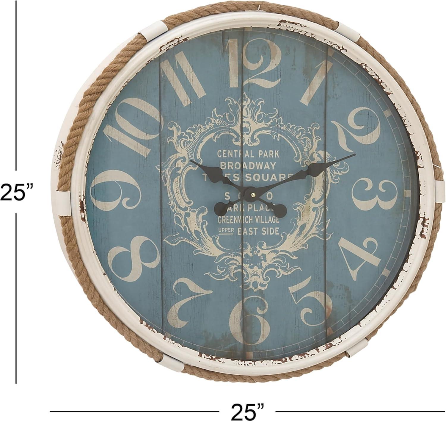 DecMode Coastal Turquoise/White Metal Round Wall Clock with Spade Shaped Clock Hands, 25"D