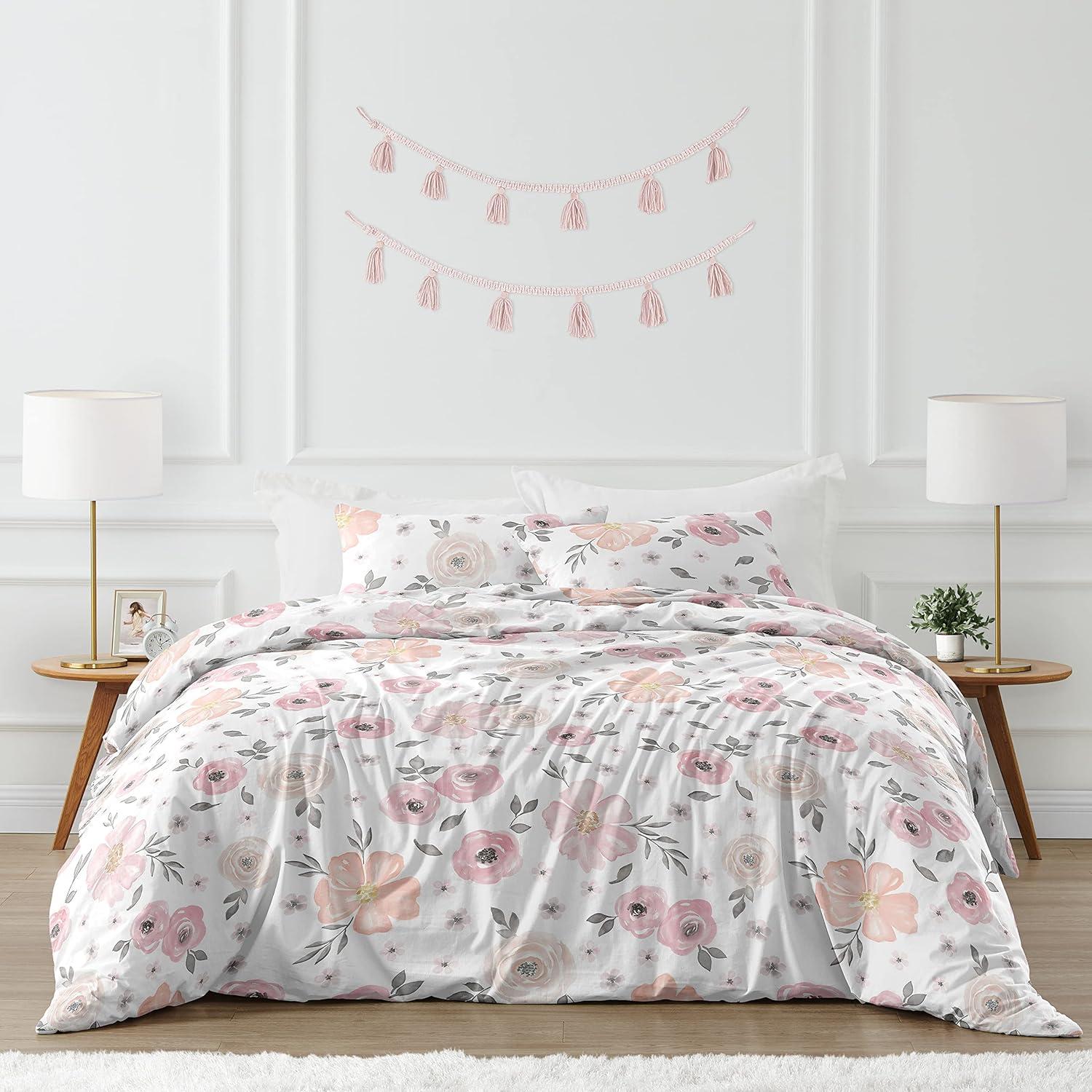 Blush Pink and Grey Floral Cotton Queen Duvet Cover Set