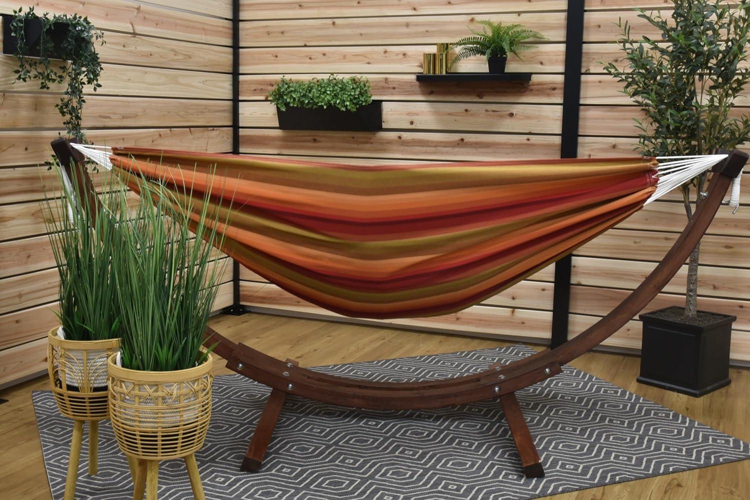 Sunset Orange Striped Sunbrella Hammock with Solid Pine Stand