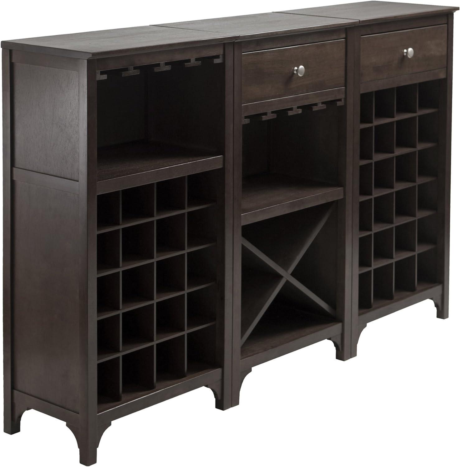 Transitional Espresso 3-Piece Wine Cabinet Modular Set with Glass Rack