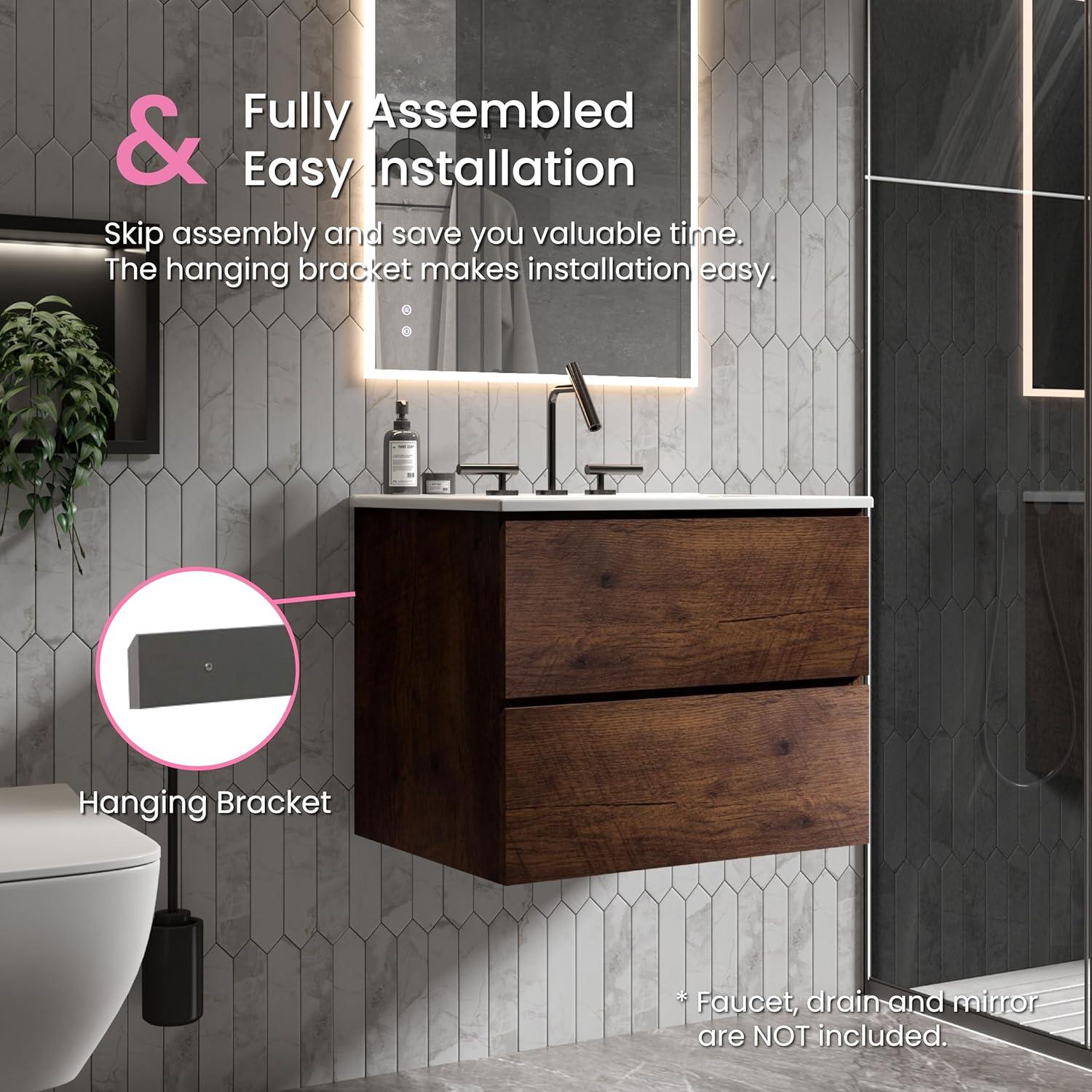 CITTANEO 24" Floating Modern Bathroom Vanity with 3-Hole Ceramic Sink in Walnut