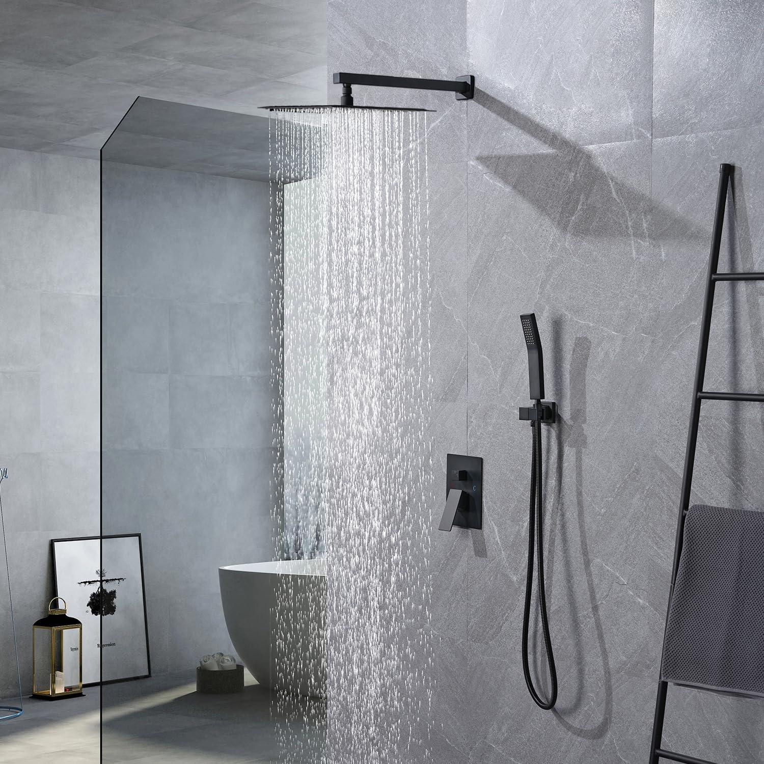 Shower Faucet Set 12" Matte Black Shower Head And Handle Set Rainfall Shower System with Square Rain Shower Head and High Pressure Handheld Spray