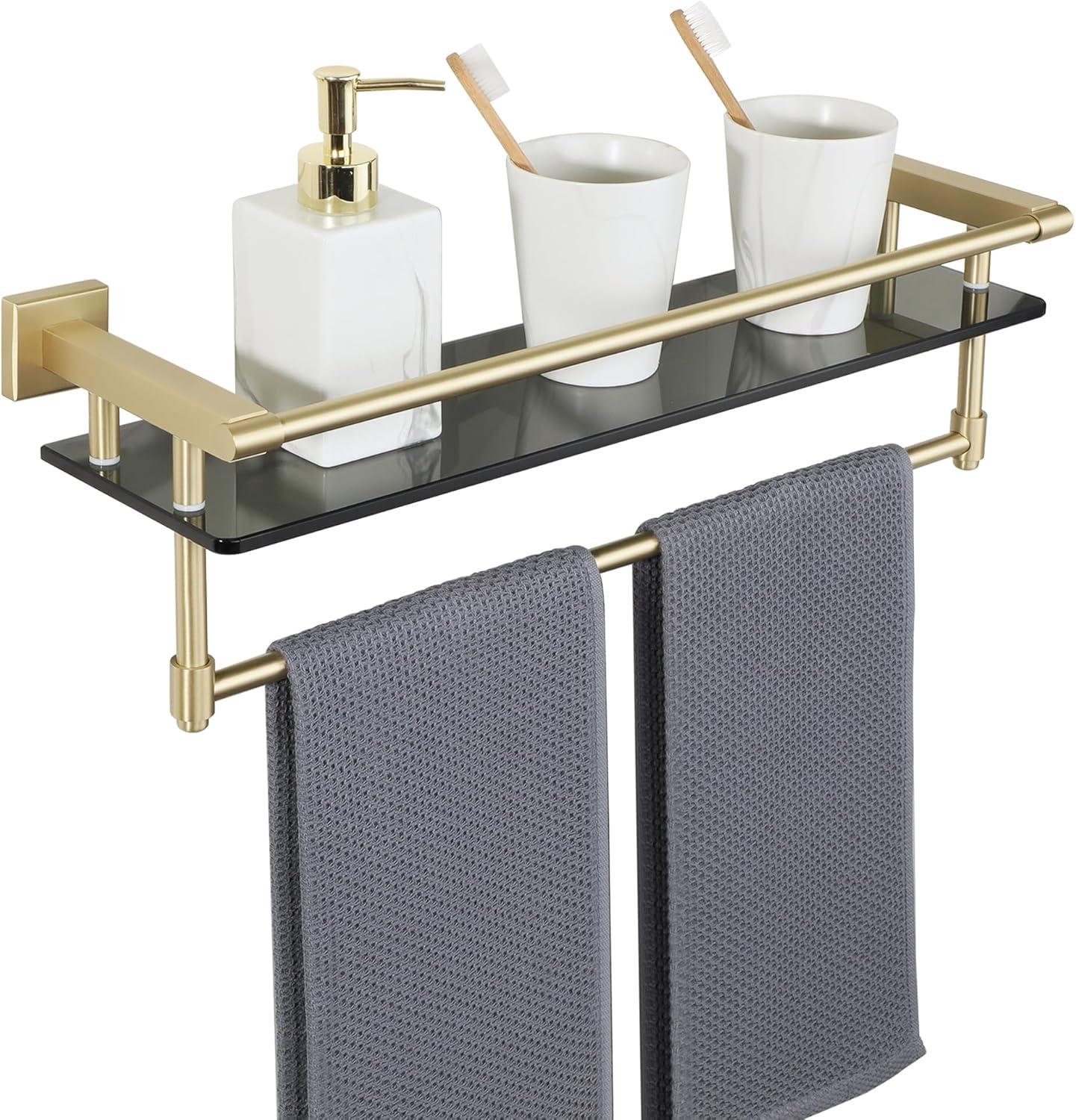 Alise Bathroom Glass Shelf Wall Mounted, Tempered Glass Bathroom Shelf with Towel Bar, SUS304 Stainless Steel Modern Floating Shelf, Brushed Gold, 20 inch