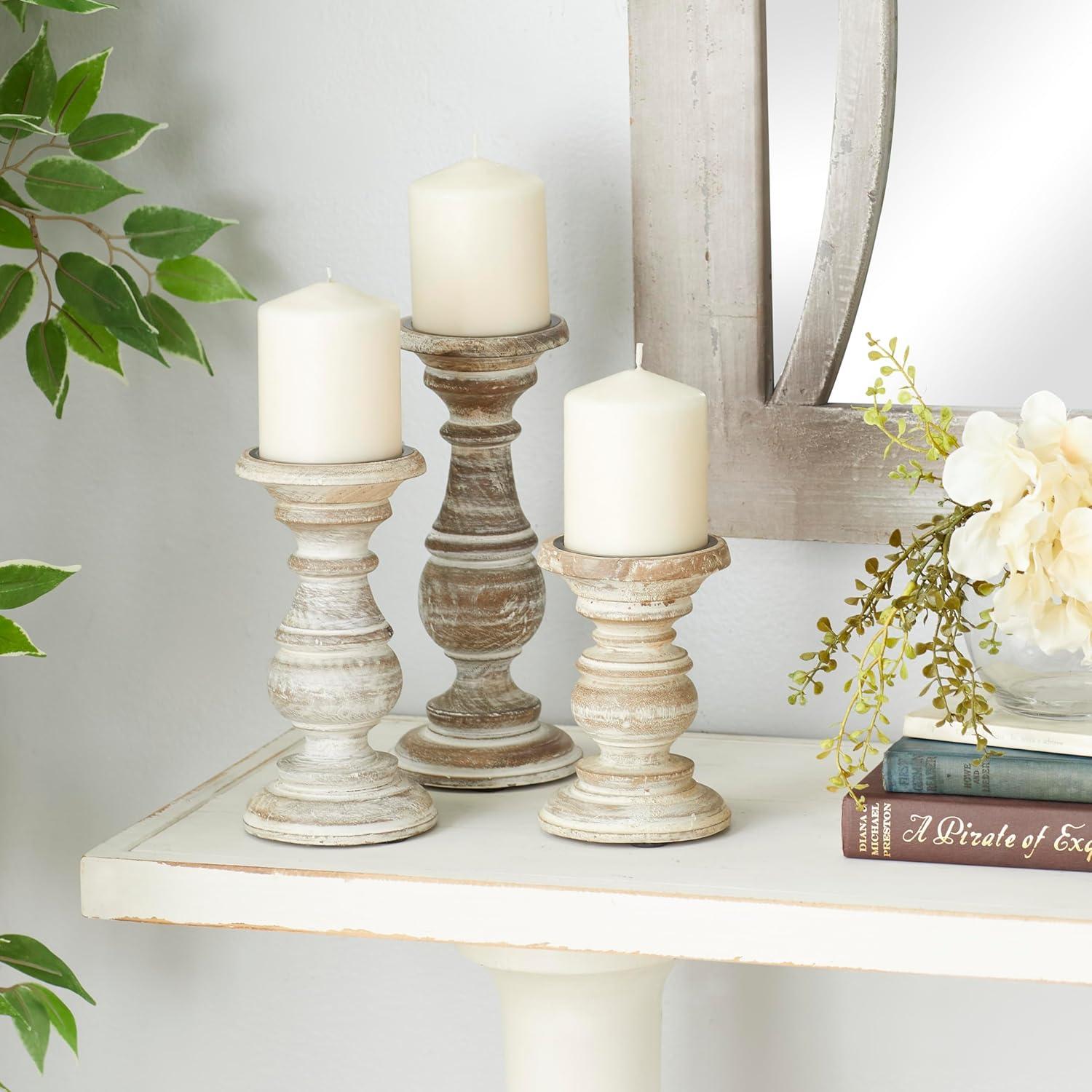 DecMode Traditional and Timeless Mango Wood Pillar Candle Holder Set of 3, 6", 8", 10"H, Cream Finish