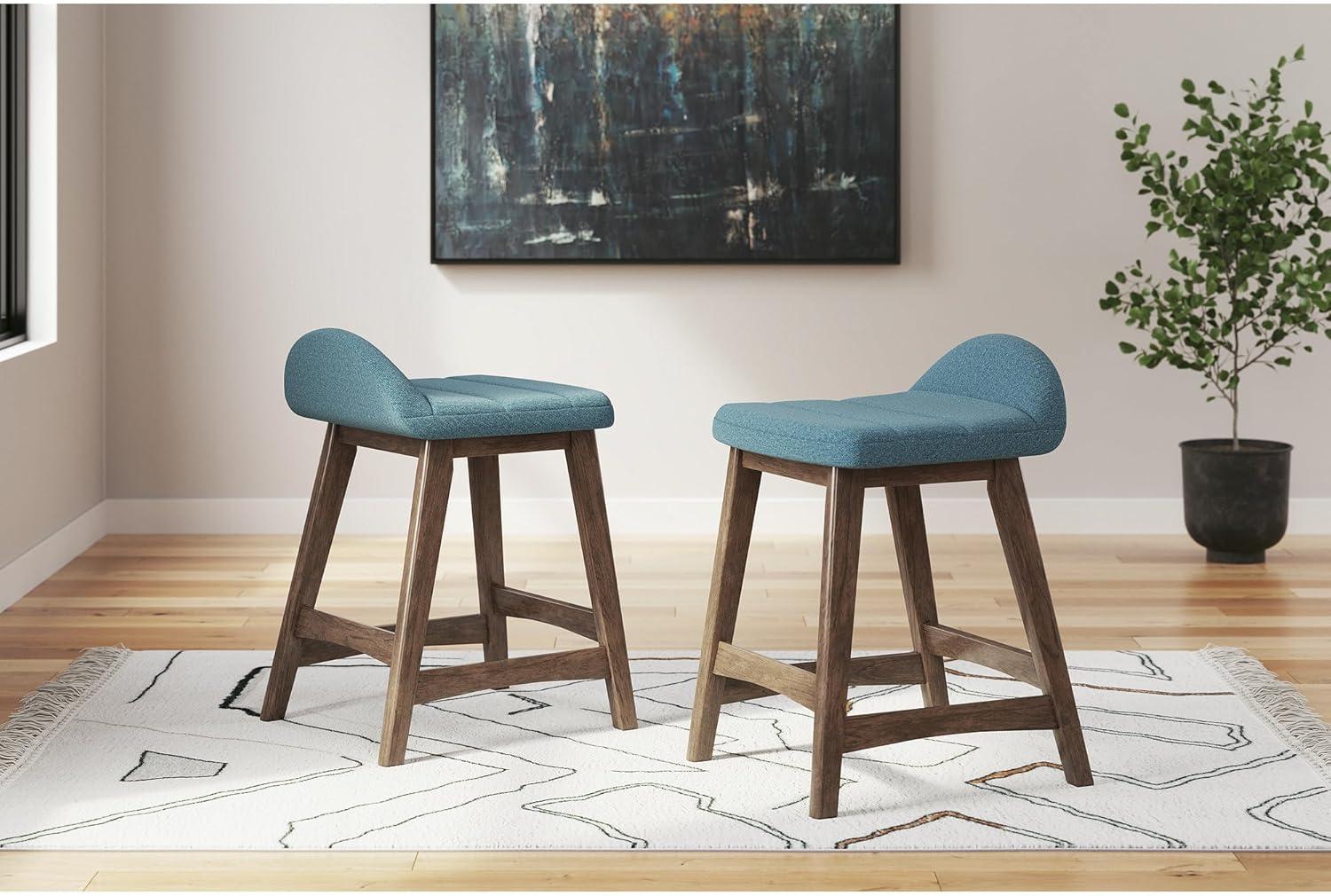 Blue Upholstered Wooden Counter Height Bar Stools, Set of 2