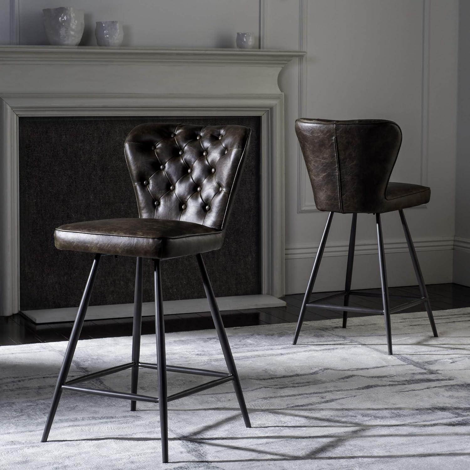 Ashby 26"H Mid-Century Modern Leather Tufted Swivel Counter Stool (Set of 2) - FOX1702 - Camel - Safavieh Couture