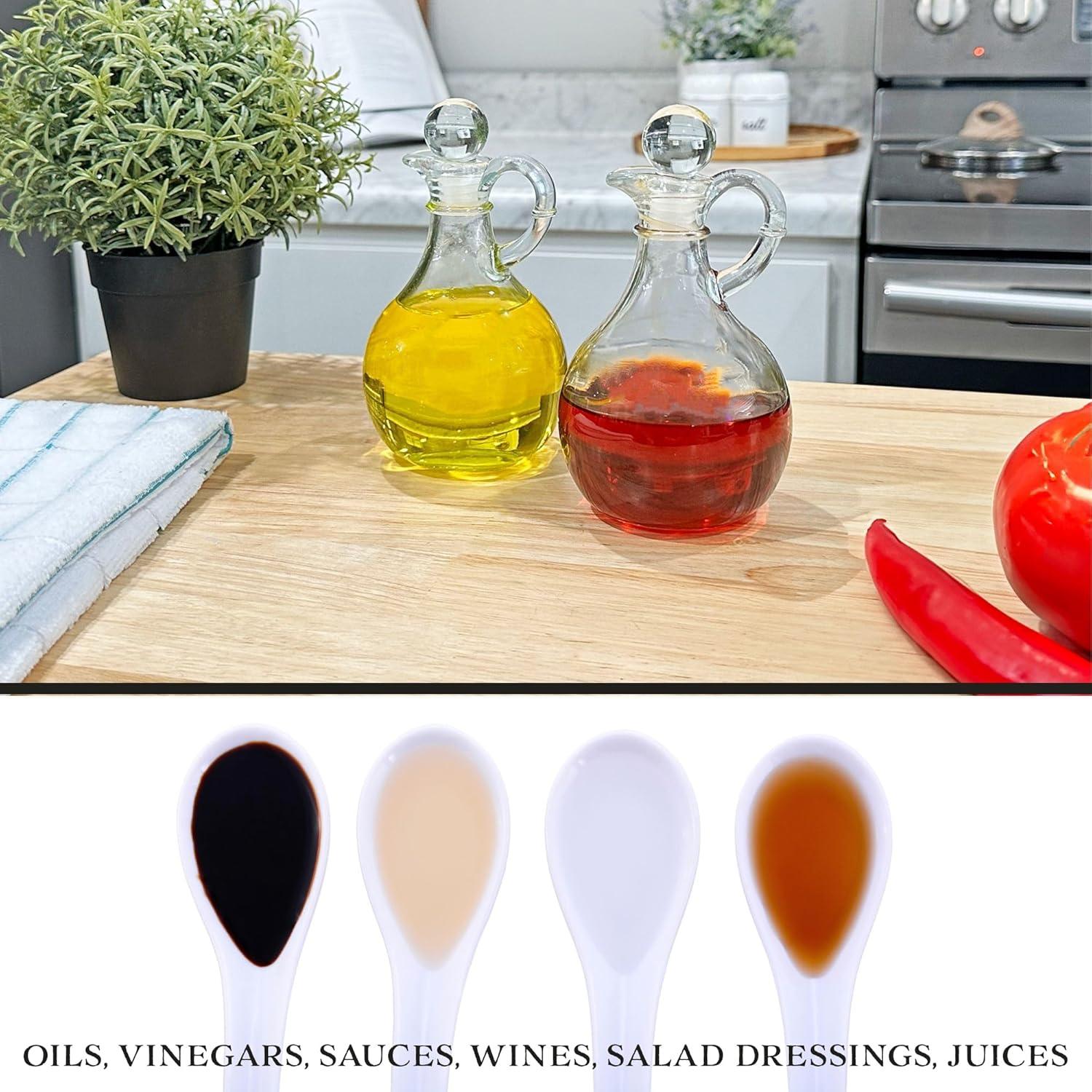 Cornucopia Brands 8oz Glass Oil and Vinegar Cruets (Set of 2); Round Oil Dispensers / Salad Dressing Bottles w/ Stoppers