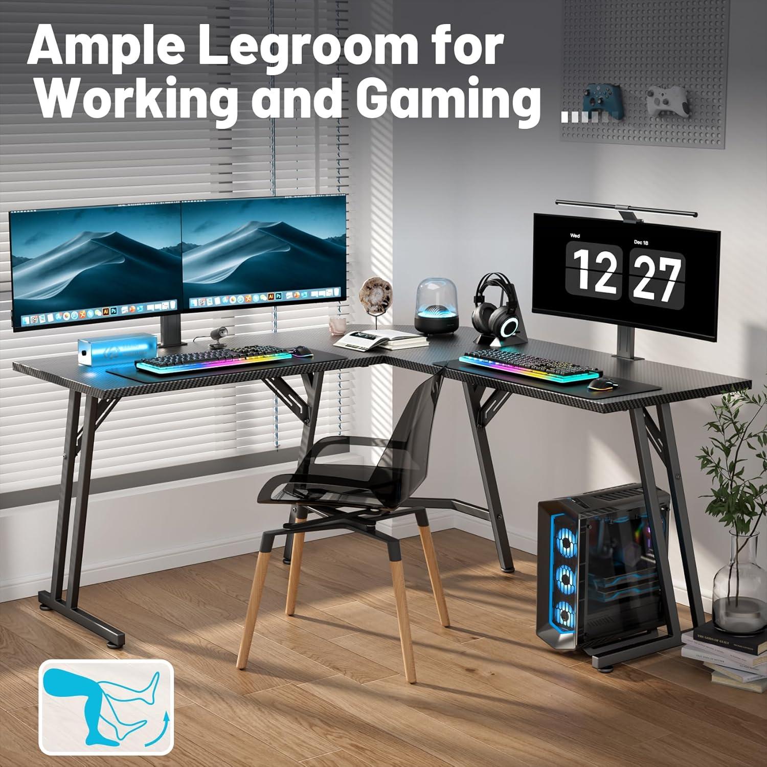 LIUYUDIY 51 Inch L Shaped Gaming Desk, Corner Computer Desk with Carbon Fiber Surface, Space Saving PC Gaming Table for Home Office Writing Workstation, Easy to Install