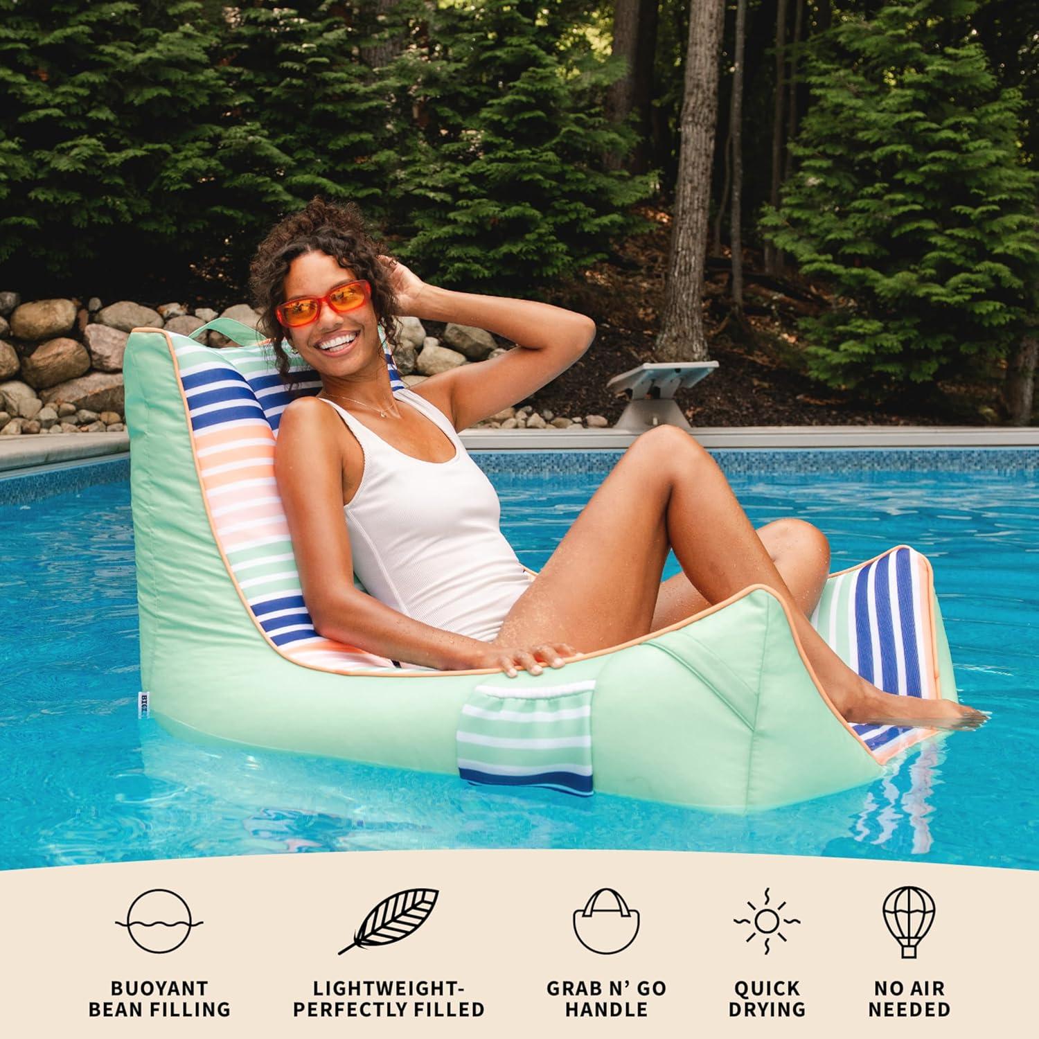 Big Joe Captain's Float No Inflation Needed Pool Lounger, Rivera Stripe Turquoise Double Sided Mesh, Quick Draining Fabric, 3 feet