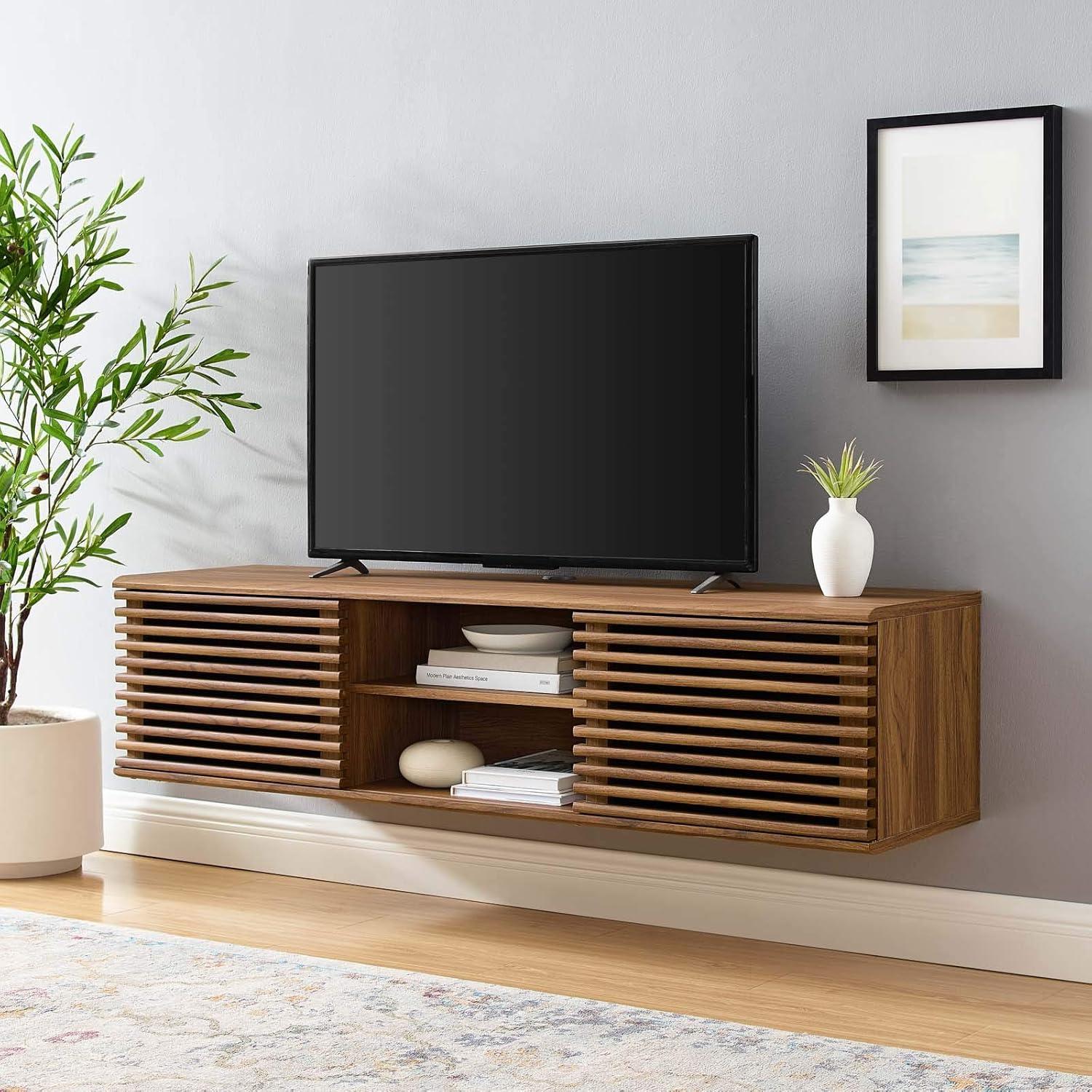 Sleek 60" Walnut Wall-Mount Media Console with Sliding Doors