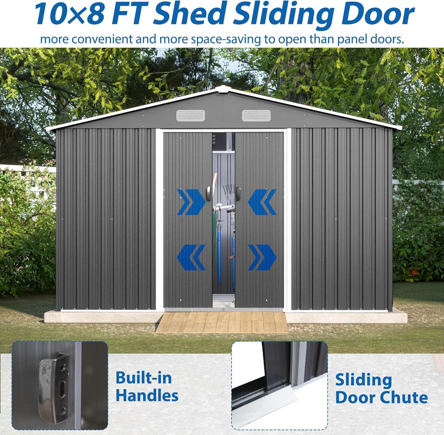 10X8 FT Outdoor Tool Storage Shed with Metal Foundation & Lockable Doors, All Weather Metal Sheds for Garden, Patio, Backyard, Lawn, Gray