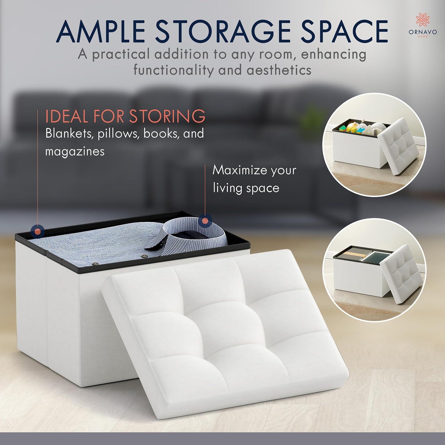 Small White Tufted Linen Foldable Storage Ottoman