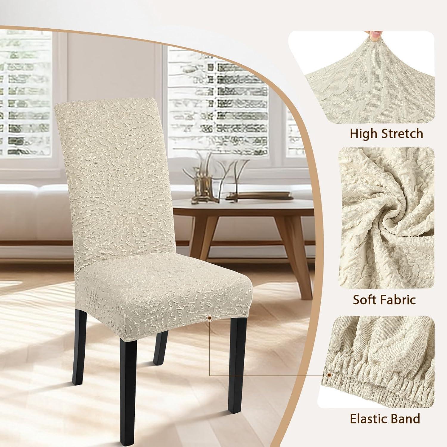 Beige Stretch Jacquard Dining Chair Covers, Set of 4