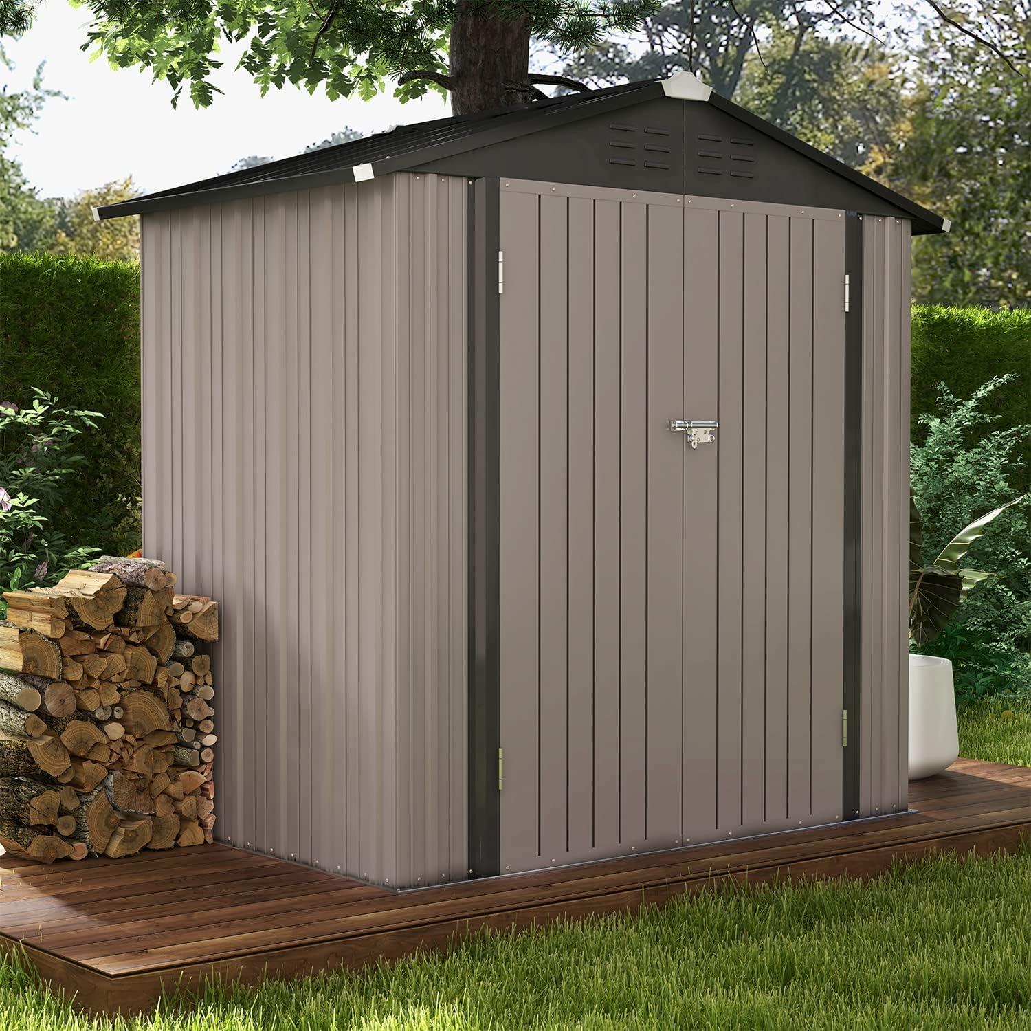 Brown and Black Metal 6x4 Outdoor Storage Shed with Double Doors