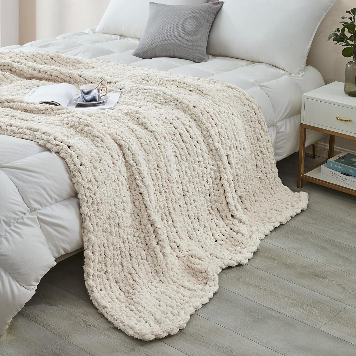 Beige Chunky Knit Chenille Throw Blanket 40x50