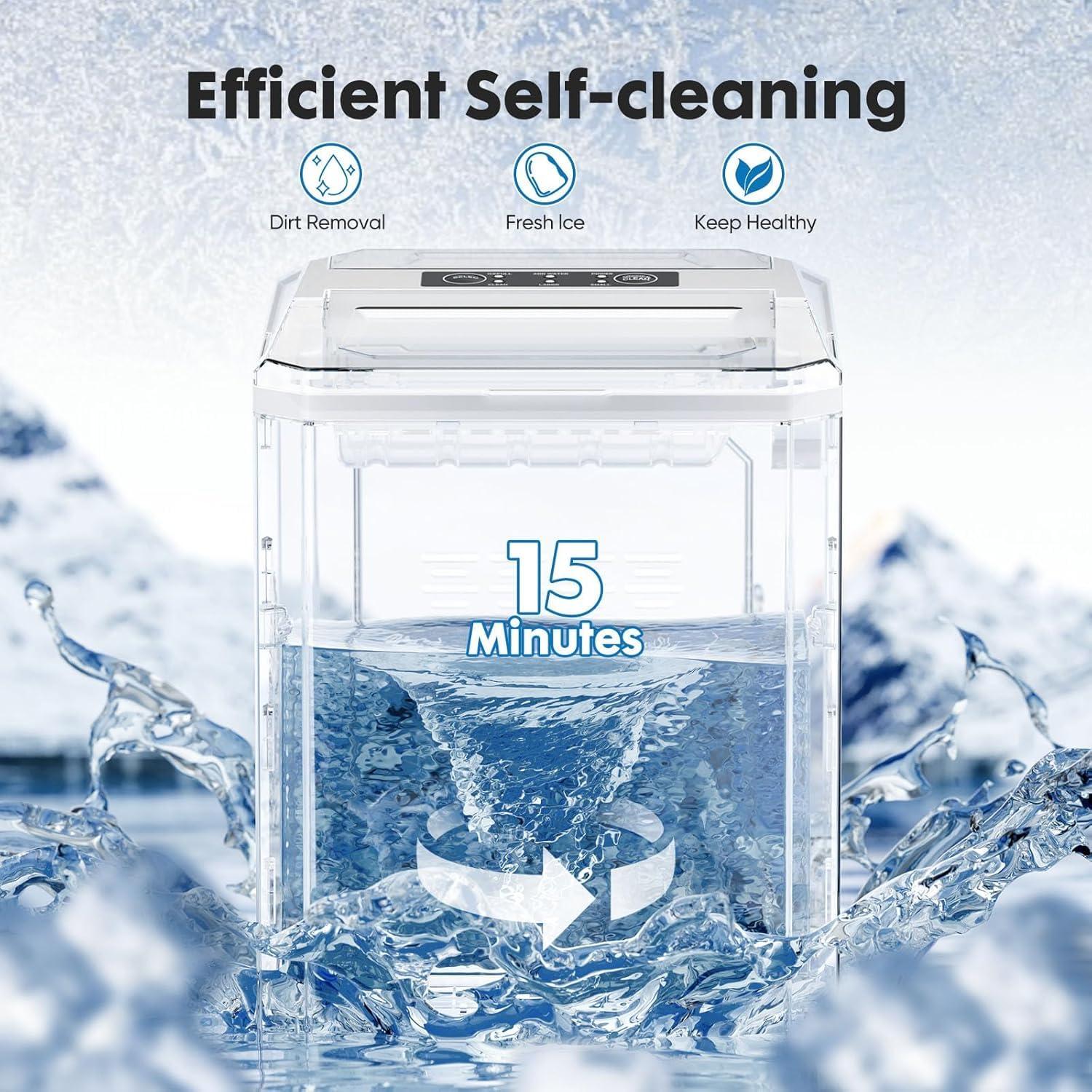 Ice Maker, 9Pcs/6Min, Self-Cleaning Portable Ice Maker Machine, 40 db quieter processing, 26Lbs/24H with Ice Scoop, 2 Sizes Bullet Cubes Makers, Black