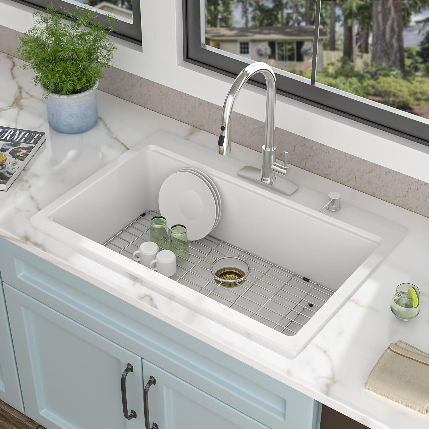 33x22 Inch White Quartz Composite Workstastion Kitchen Sink Drop-in Top-Mount Single Bowl Sink with 2 Faucet Holes