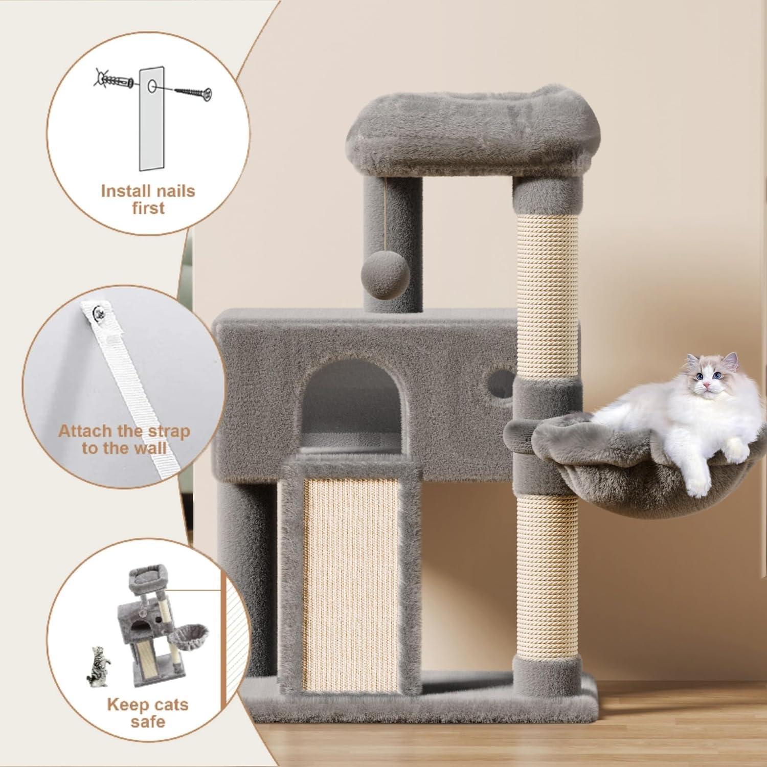 36" Small Cat Tower With Hammock, Sisal Scratching Posts, And Ramp, Perfect For Indoor Cats