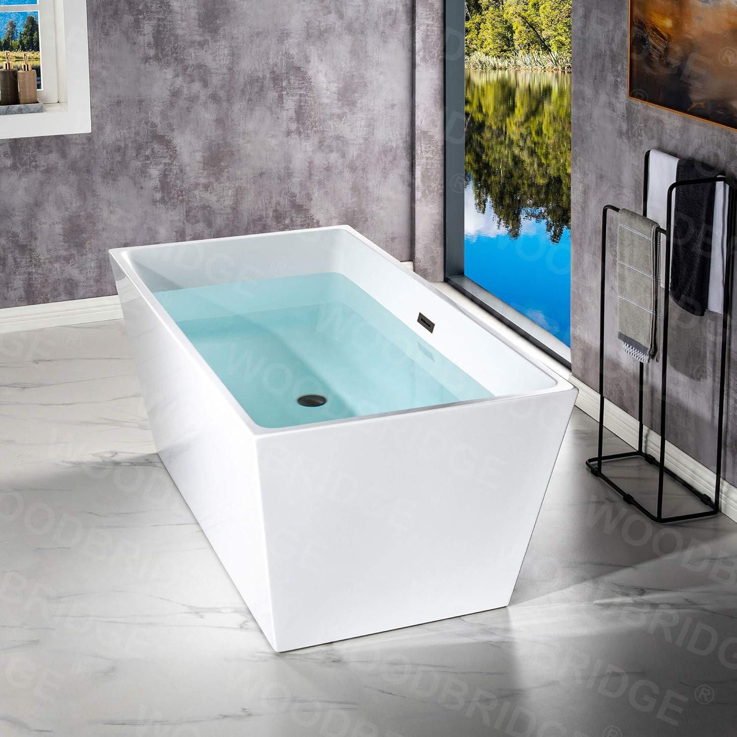 59" White Acrylic Freestanding Bathtub with Matte Black Overflow