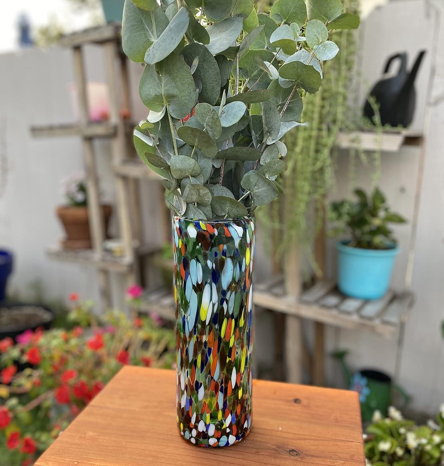 Dos Sueños Mexican Hand Blown Glass Vase (11.5" x 4") – Confetti Carmen Colorful Flower Vase, Centerpiece, Cylinder Vase