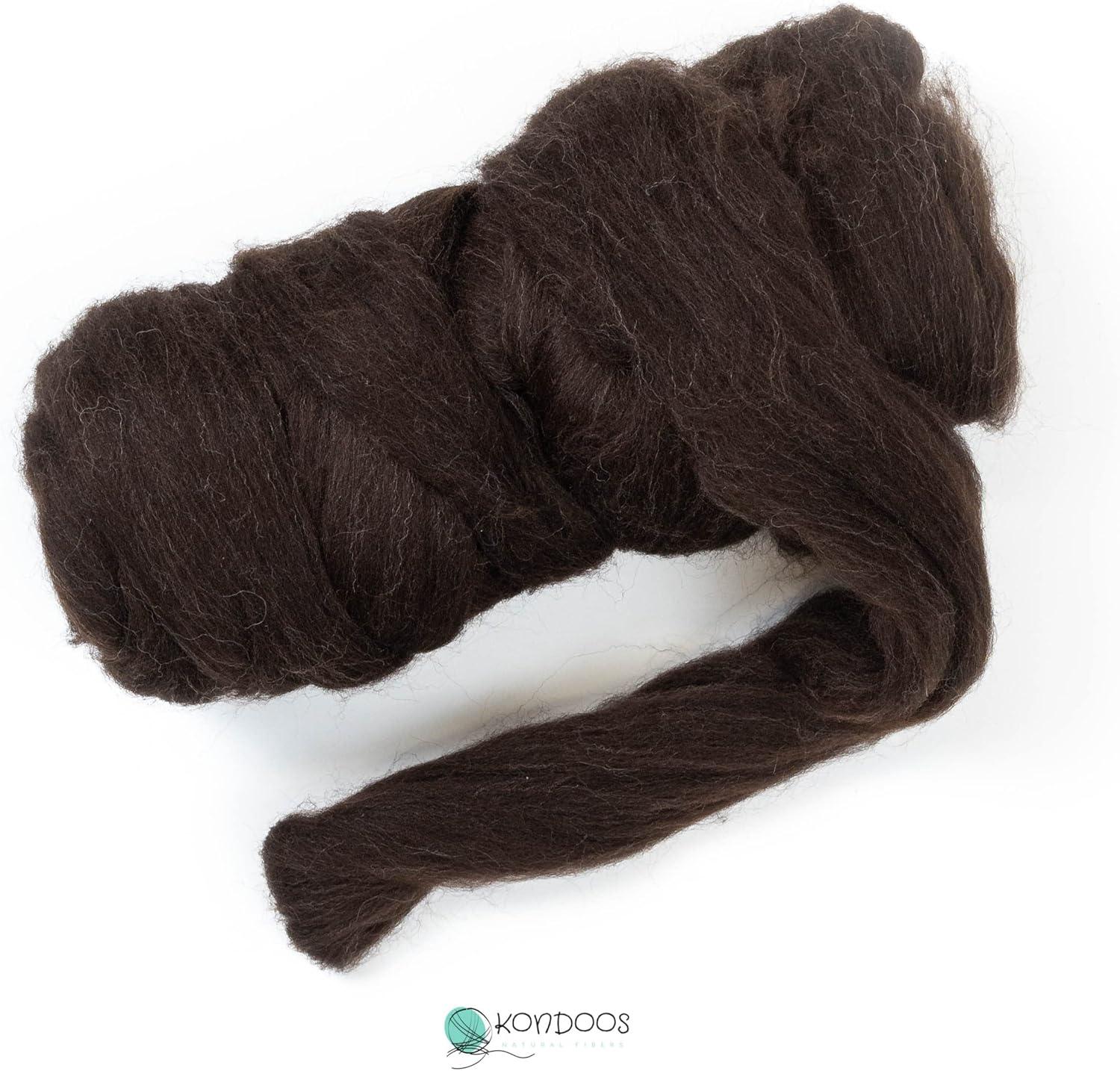 Kondoos Natural Wool roving, 8 OZ. Best core Wool for Needle,Wet Felting, handcrafts and Spinning. Natural Colors Bulk Yarn un-Dyed. (Dark Chocolate, 8 oz)