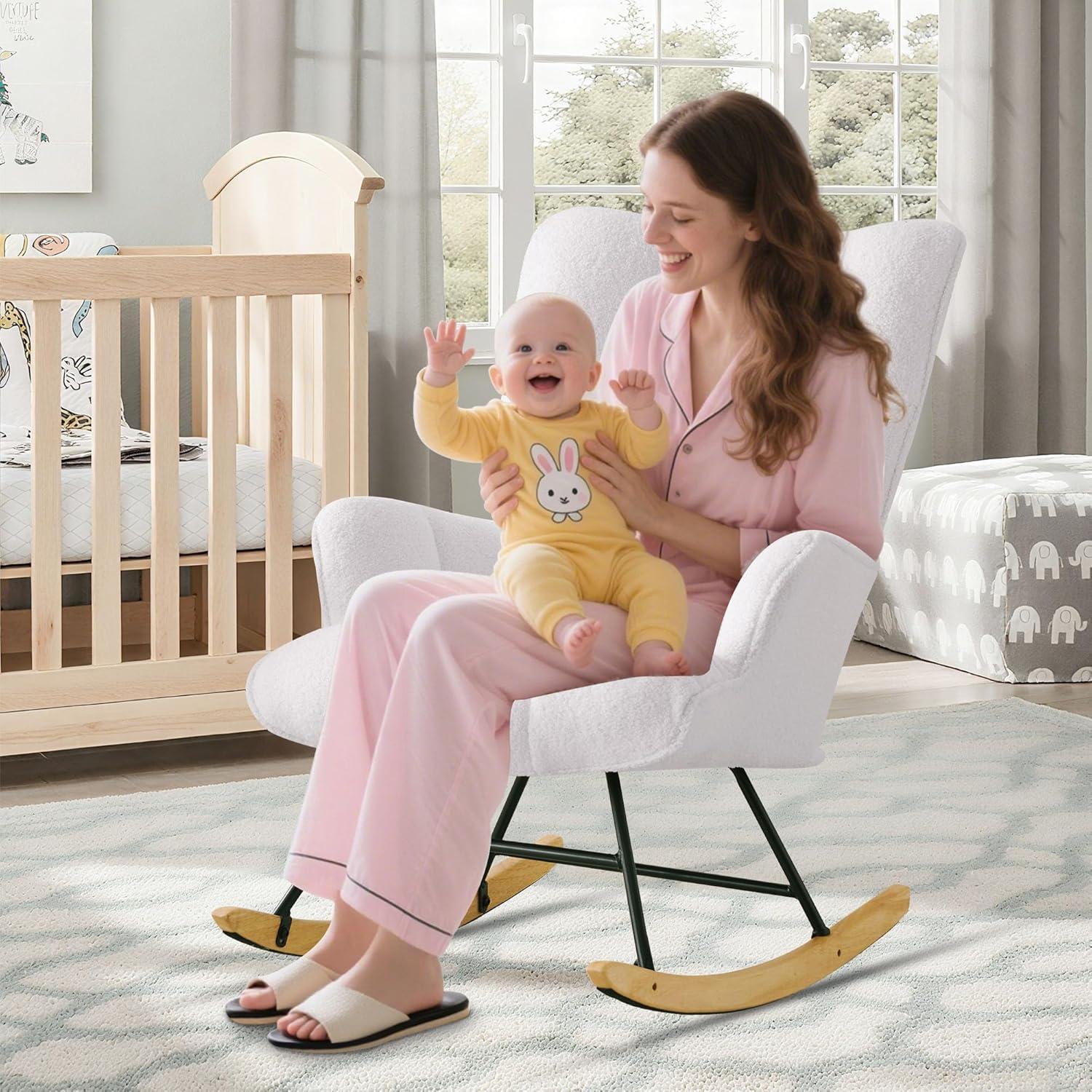 Nursery Rocking Chair Teddy, Upholstered Glider Rocker with High Backrest, Comfortable Stylish Accent Armchair with Padded Seat for Living Rooms, Bedrooms, Offices