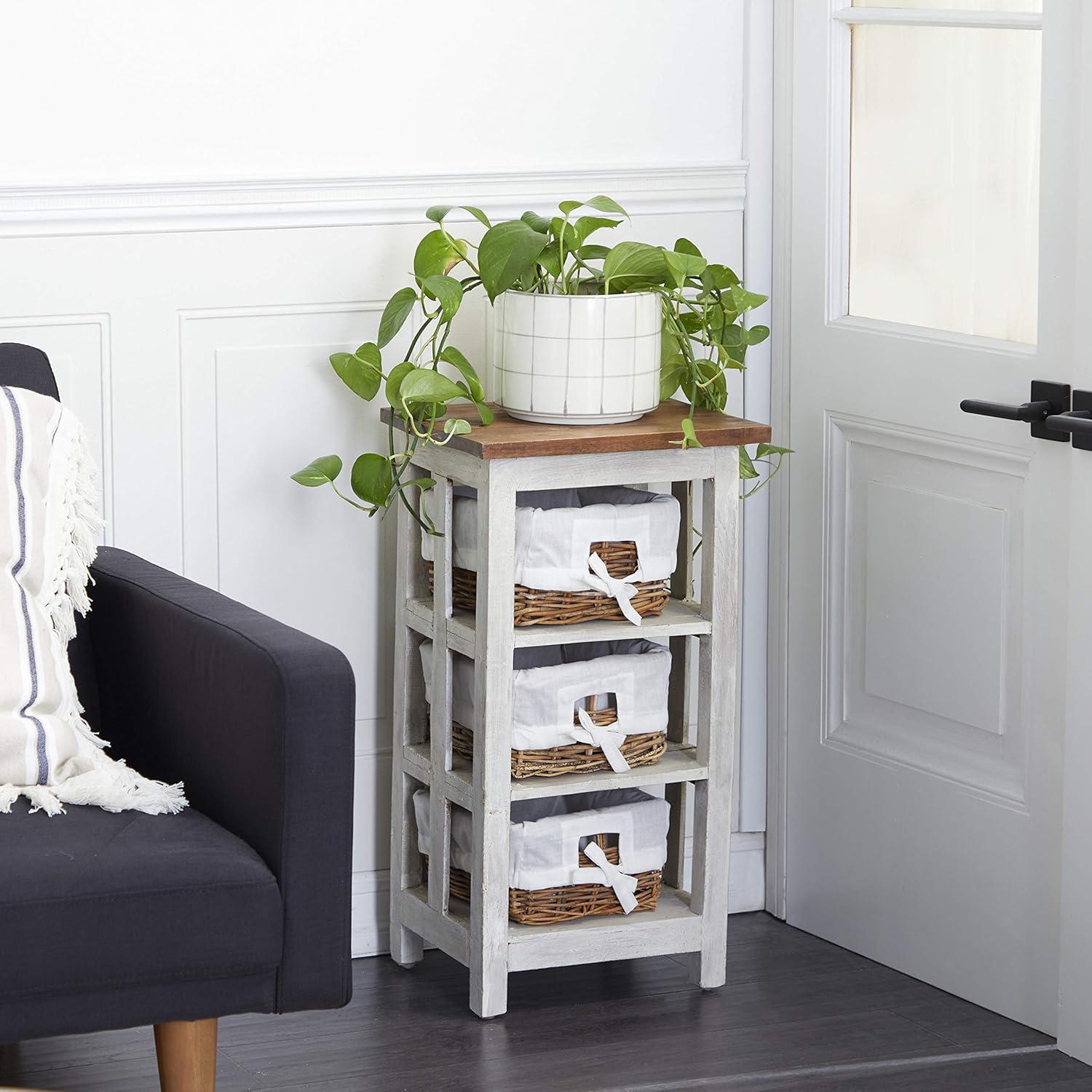 Antiqued White Wood and Rattan 3-Drawer Storage Unit