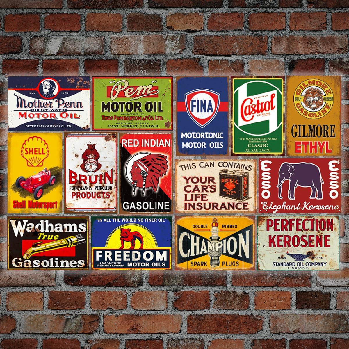 Reproduced Vintage Tin Sign Pack, Gas Oil Retro Advert Antique Metal Signs for Garage Man Cave Bar Kitchen, Nostalgic Car Decor, 8x12 Inch (35 Pieces A)
