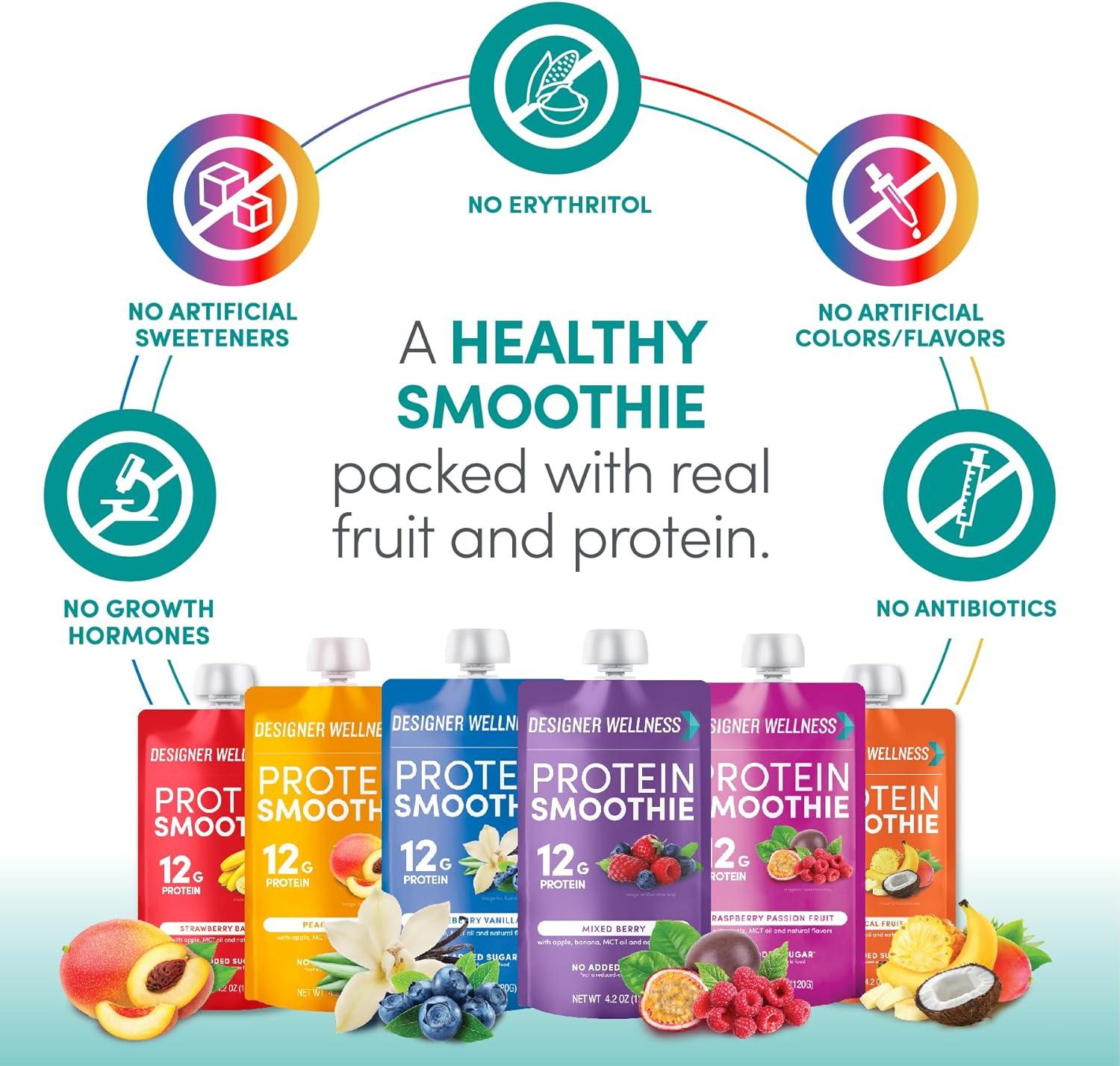 Designer Wellness Protein Smoothie, Real Fruit, 12g Protein, Low Carb, Zero Added Sugar, Gluten-Free, 12 Count