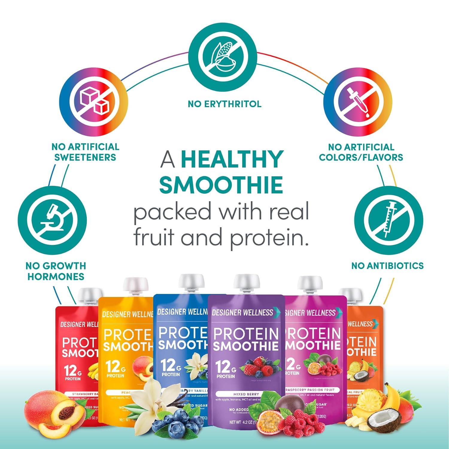 Designer Wellness Protein Smoothie, Real Fruit, 12g Protein, Low Carb, Zero Added Sugar, Gluten-Free, Mixed Variety, 12 Count
