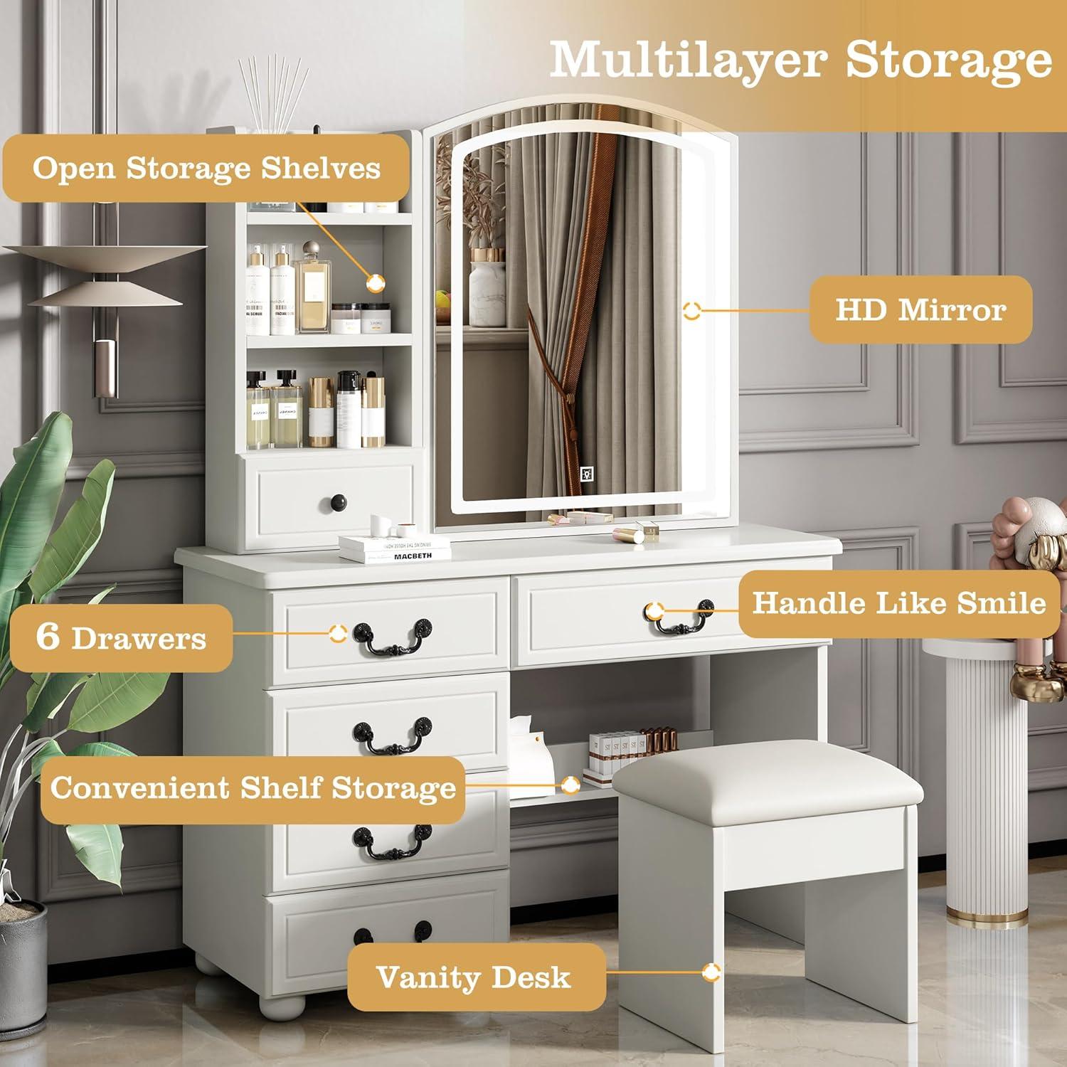 MONTARY Makeup Vanity Desk with Mirror and Lights, Dressing Table , White Vanity Table Set with 6 Drawers & Shelves & 4 Cabinets, 3 LED Lighting Modes Brightness Adjustable