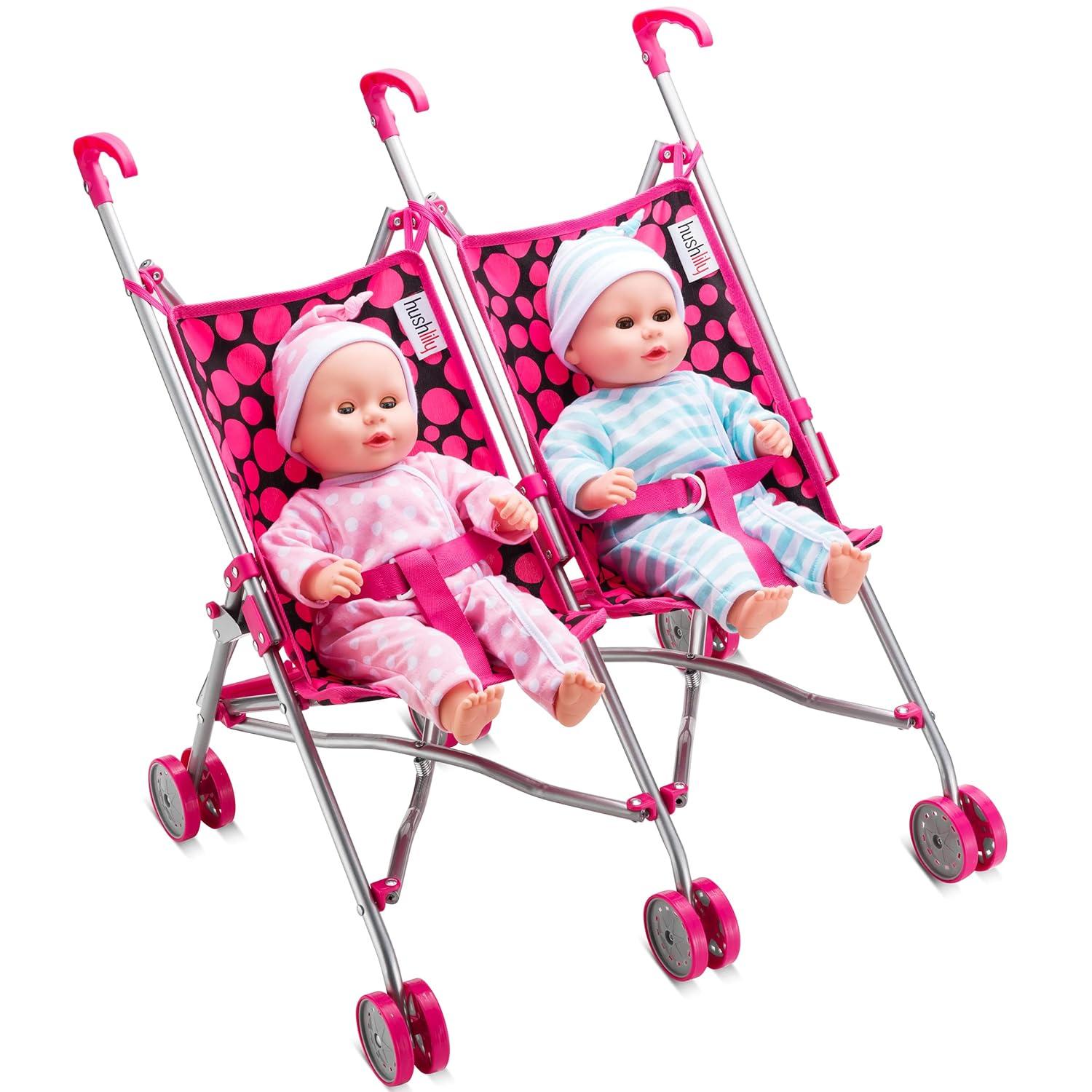 Double Doll Stroller for Twin Baby Dolls - Toy Stroller for Toddlers 3 Years and up, Pink & Black Polka Dots Design for Kids