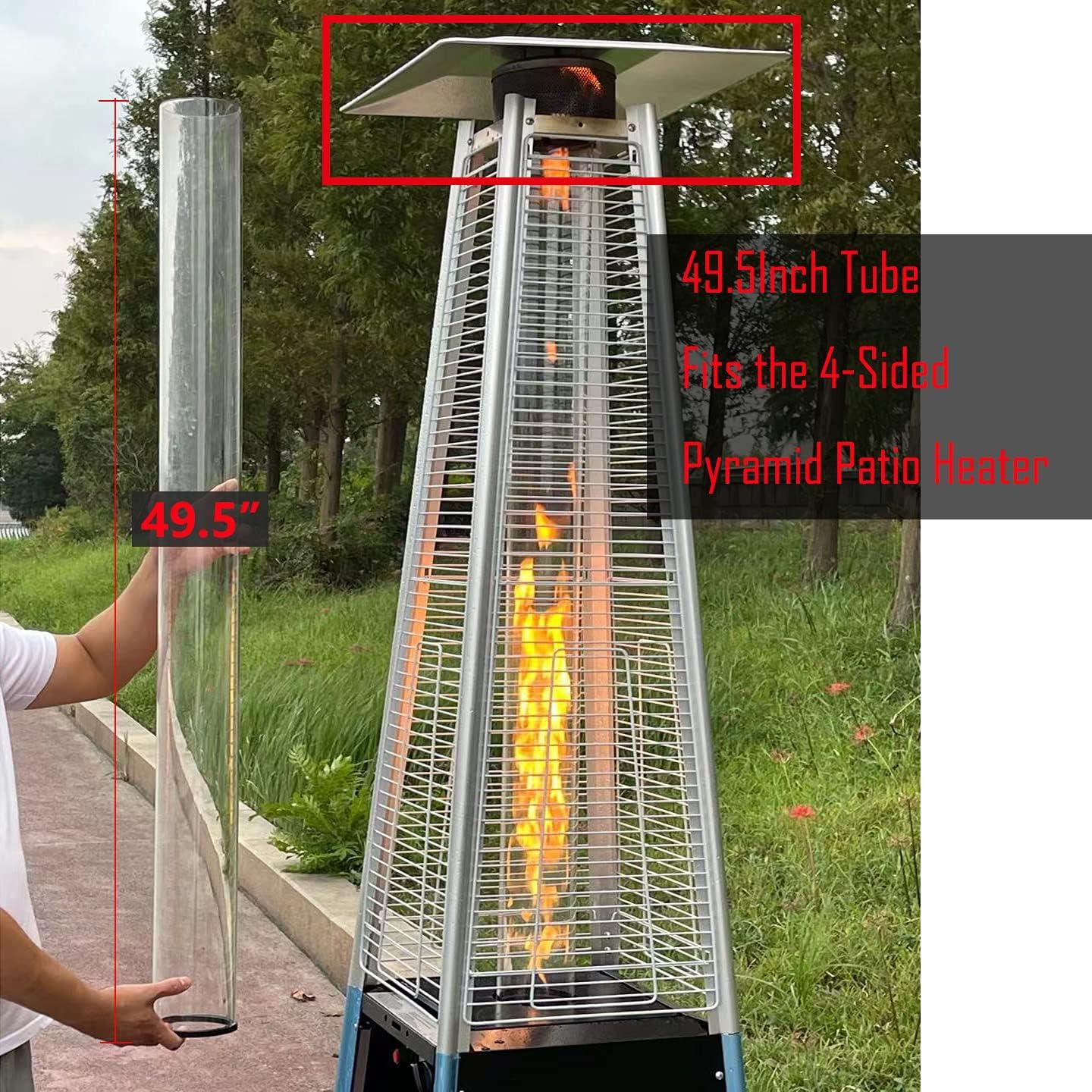 Patio Heater Replacement Parts - 49.5" Tall 4" Diameter - Quartz Glass Tube - Compatible with Four-Sided Pyramid Flame Outdoor Heater - with Neoprene Rubber Silicone Connecting Ring