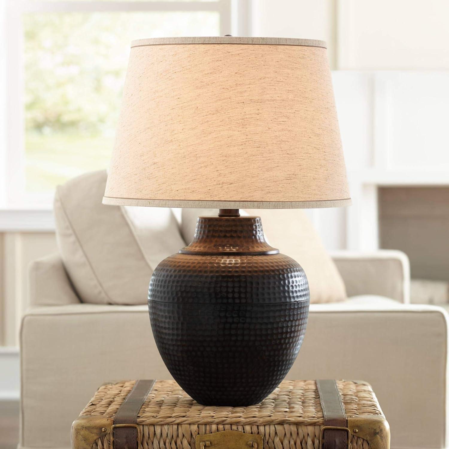 Brighton Hammered Bronze Table Lamp with Beige Linen Shade