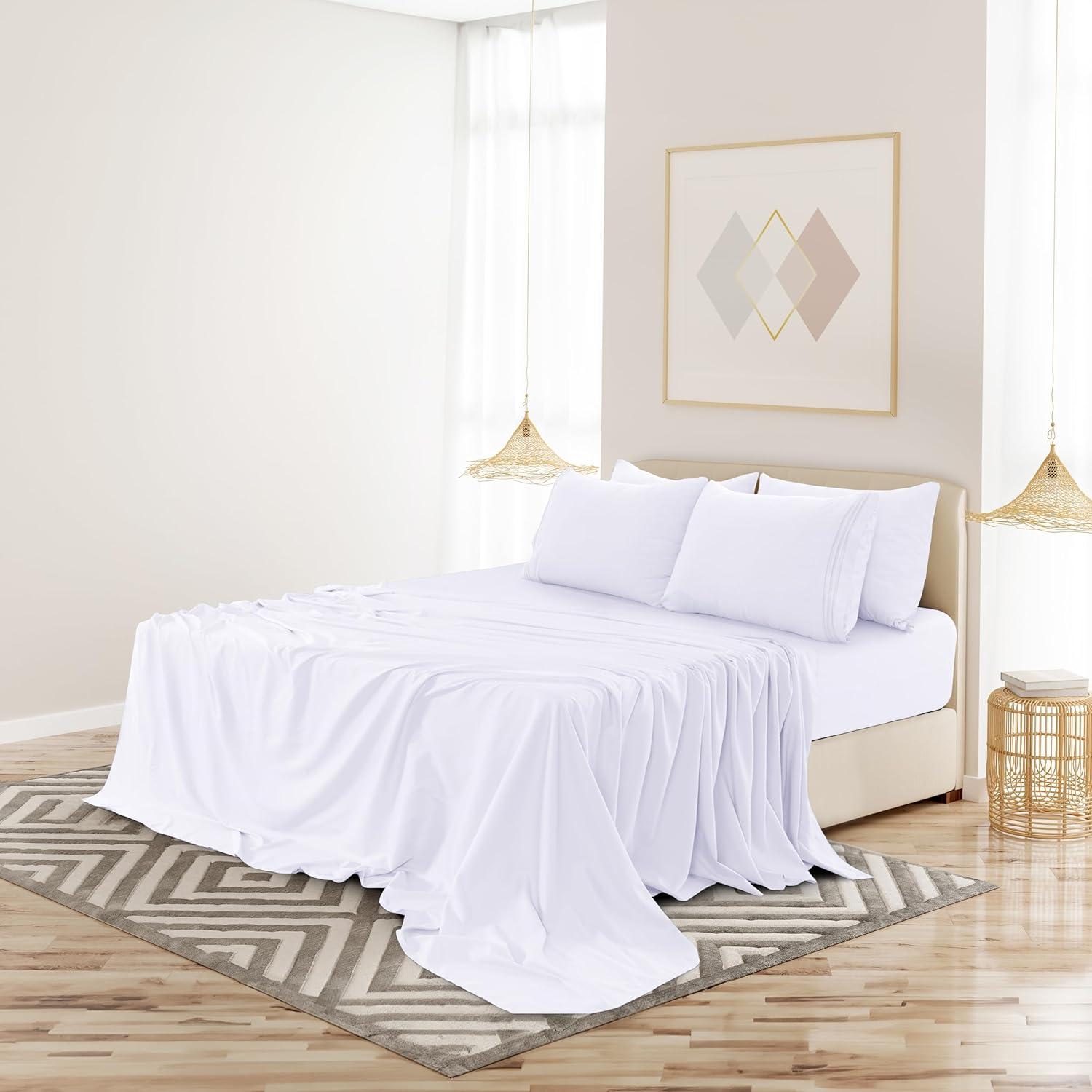 Lux Decor Collection King Bed Sheets, Premium Ultra-Soft Wrinkle Resistant Microfiber King Sheets Set, White