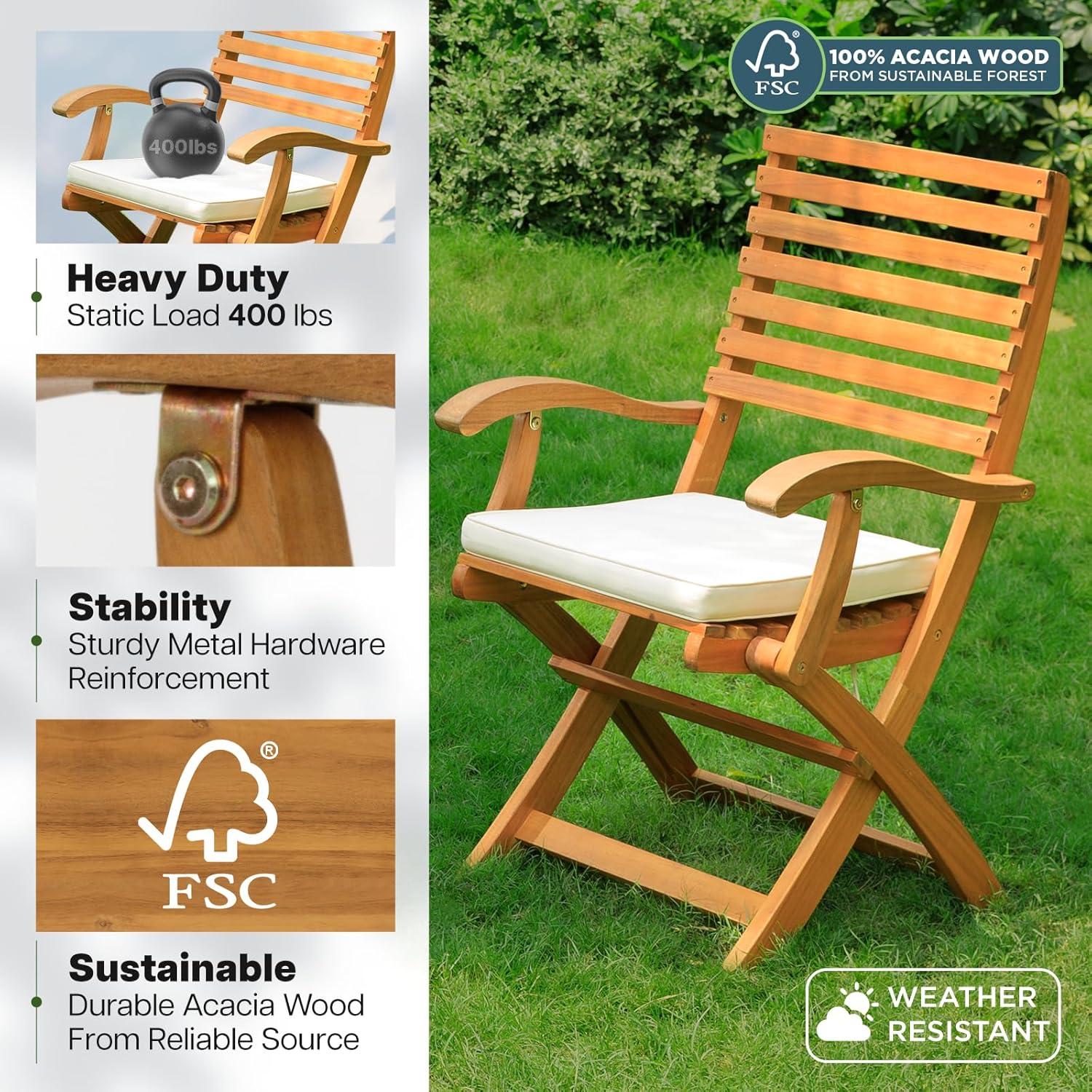 Idzo Percy Wood Folding Chairs Patio Set of 2 Premium Cushions - 400lbs Heavy Duty