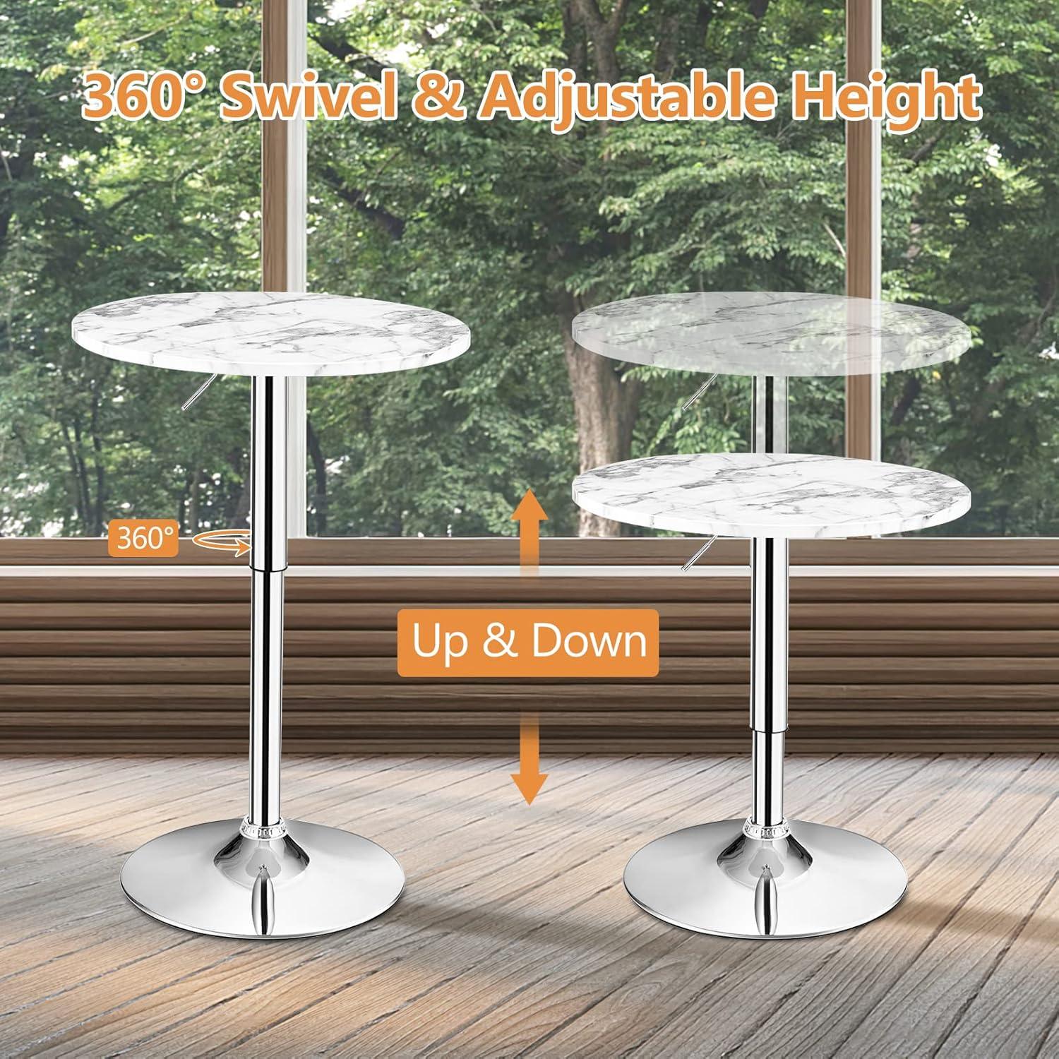 Gymax Round Pub Table Height Adjustable Bistro Bar Table 360-degree Swivel w/Faux Marble Top