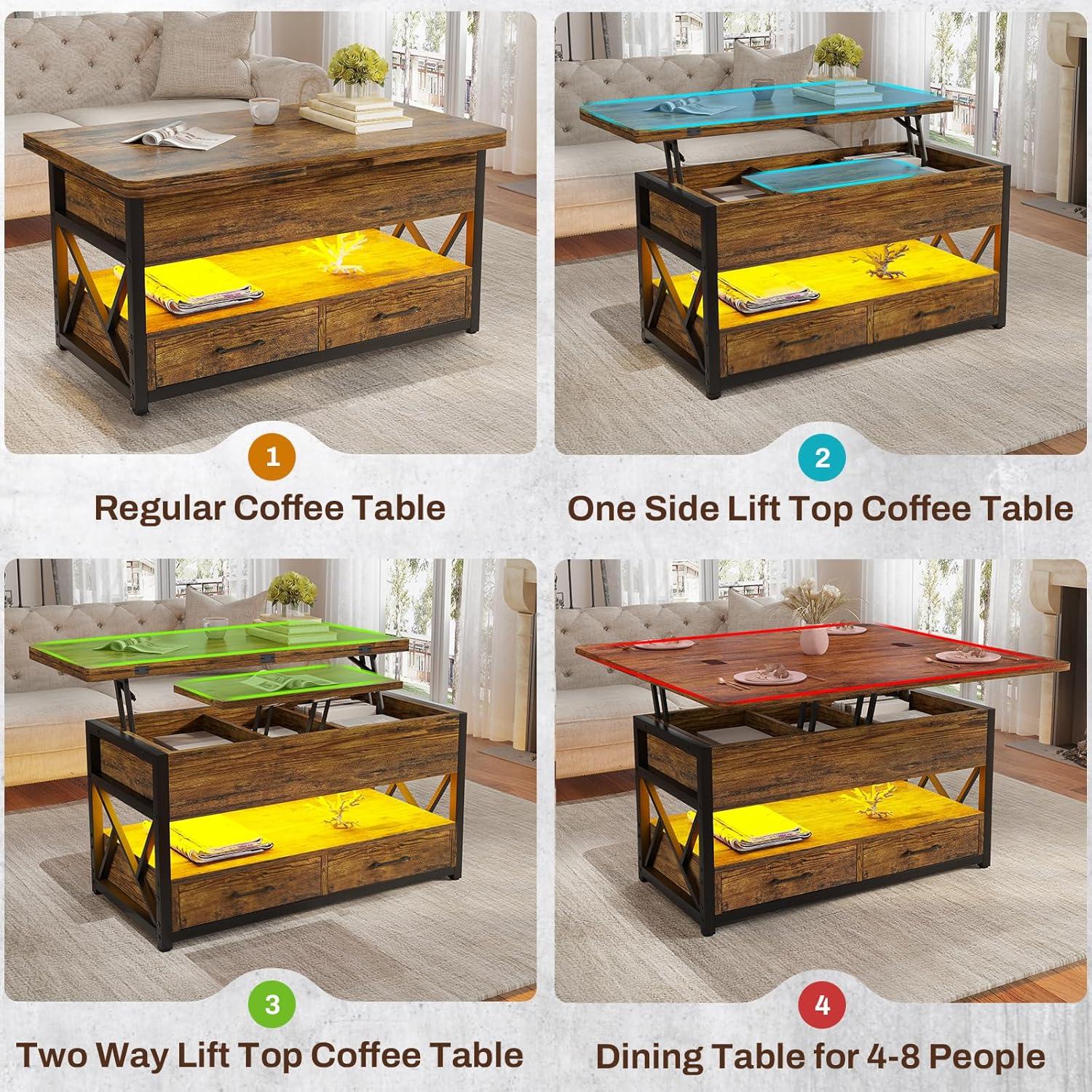 Lift Top Coffee Table with 2 Drawers and LED Lights, 4 in 1 Coffee Tables with Storage for Living Room, Rustic Brown