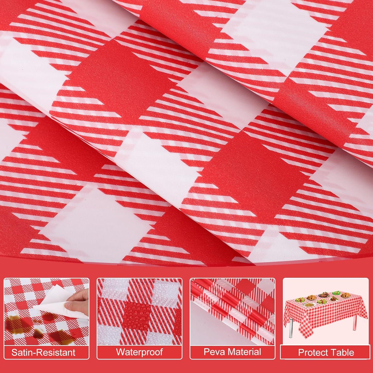 ARCOCO-3 Pack Red and White Checkered Tablecloth, 54 X 108Inch Plastic Red Gingham Table Cloth Disposable Spring Picnic Tablecloths Waterproof Red Checkered Table Cover for BBQ Picnic Barbecue Birthd
