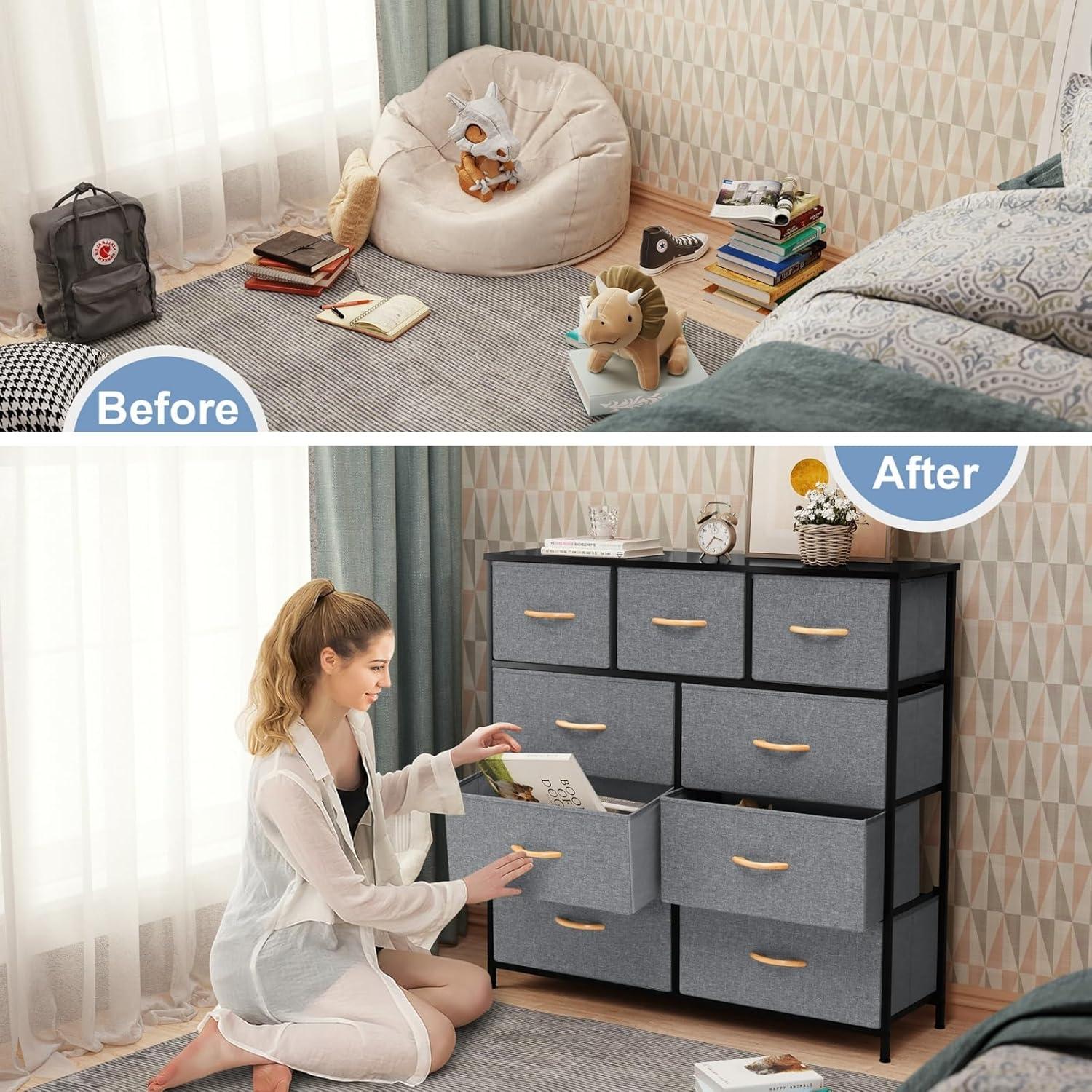 Gray Vertical 9-Drawer Fabric and MDF Dresser with Wooden Handles