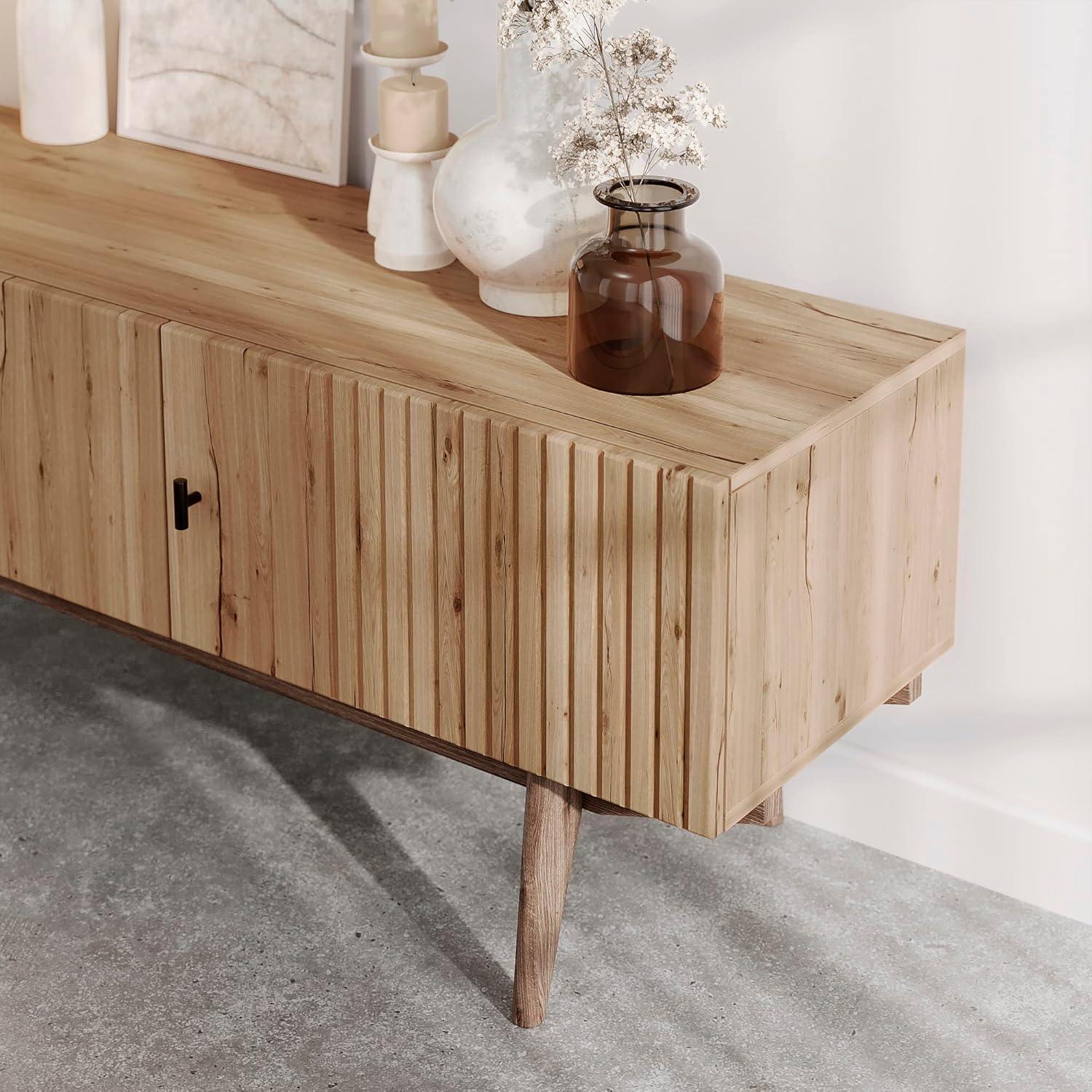 Living Skog  Chelsea Brown TV Stand Fits for TV's up to 65 in. with Slatted Design and Wood Legs light brown Matte Laminate